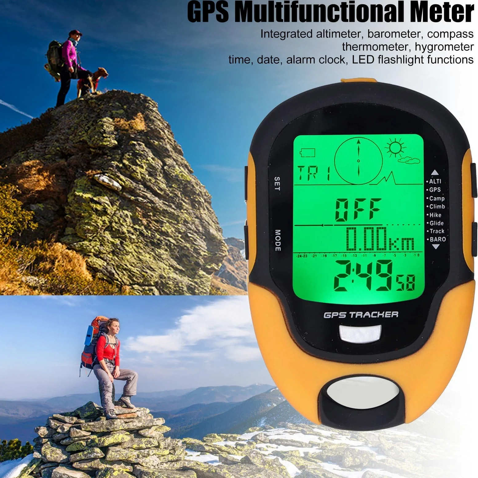 HERCHR Altímetro Digital, medidor Multifuncional GPS, termómetro de Mano portátil, higrómetro, brújula Digital a Prueba de Agua para Coche, Senderismo, Camping