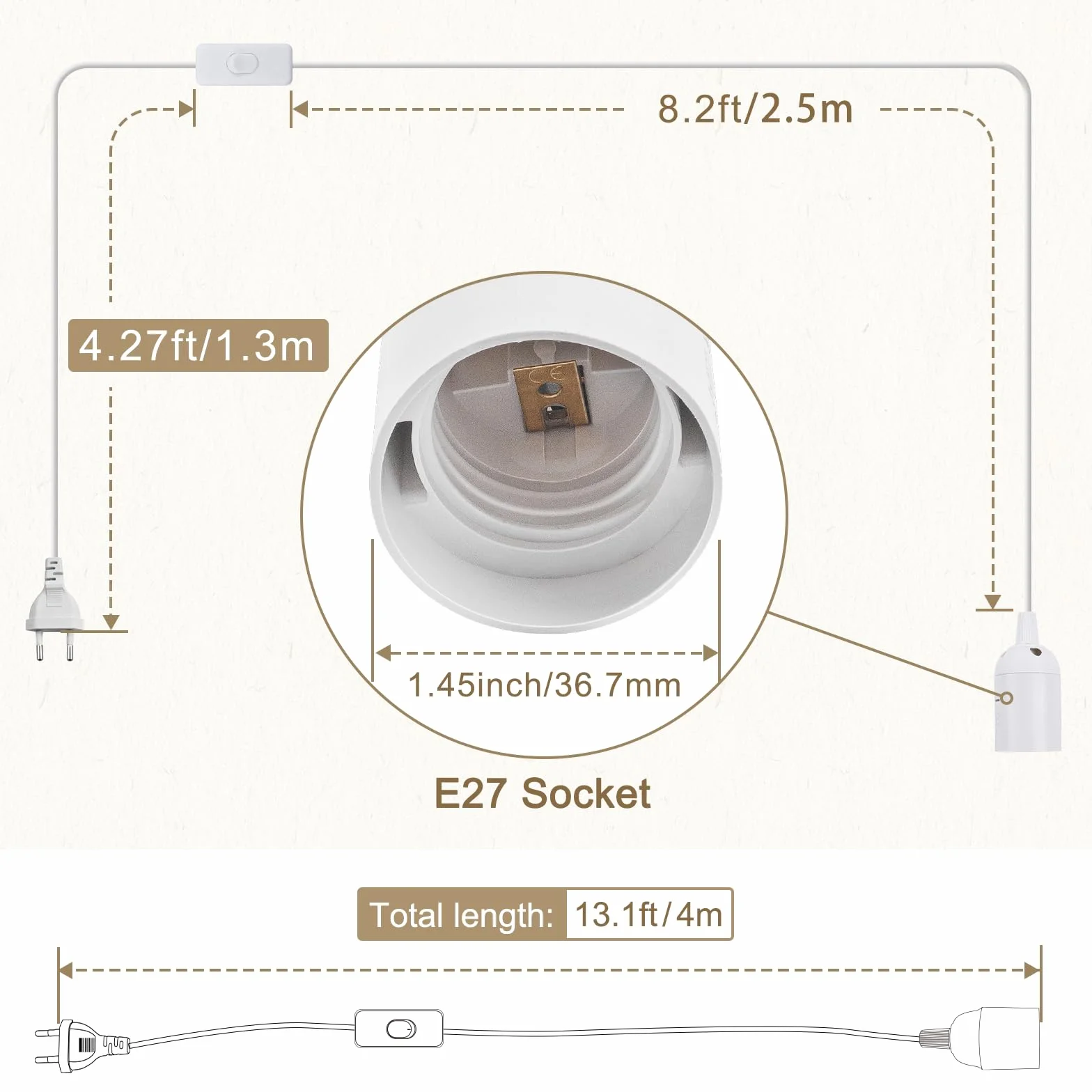 DiCUNO Portalámparas E27 de 4M Blanco, 0-60W, 0-250V, 4A, 1 Pieza