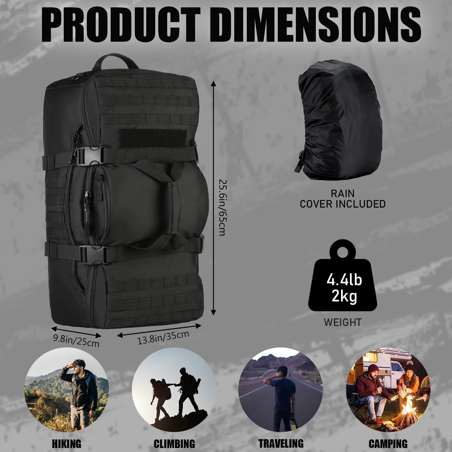 mochila táctica de viaje 60 L militar Molle bolsa de equipaje Maleta senderismo camping al aire libre mochila (cubierta y parche incluidos), negro
