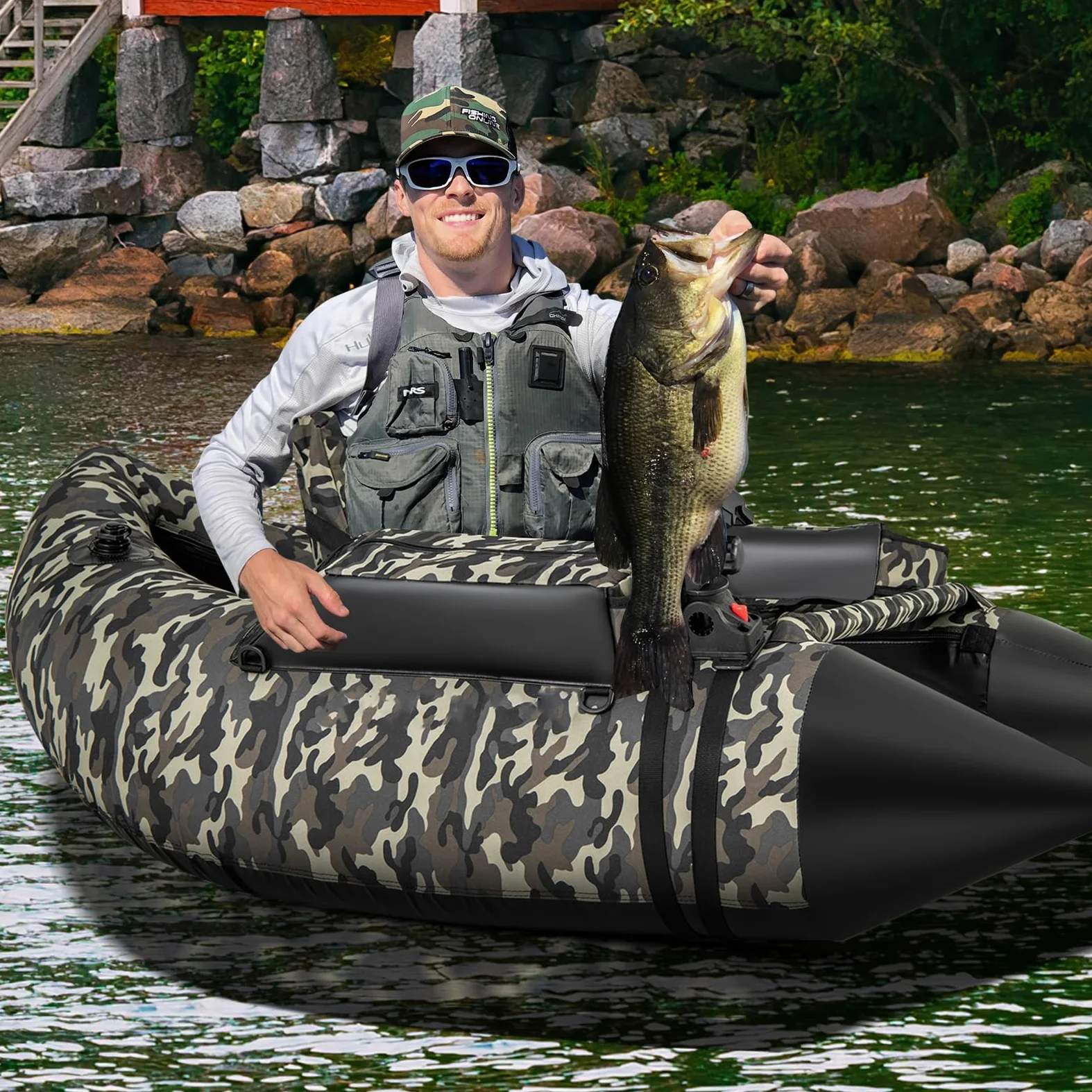 COSTWAY Barco de Pesca Inflable, Kayak Hinchable con 2 Aletas, Bomba Manual, Regla para Peces, Soporte para Caña, Bolsillos, Respaldo Ajustable y Correas, Bote Portátil para Adultos, Camuflaje