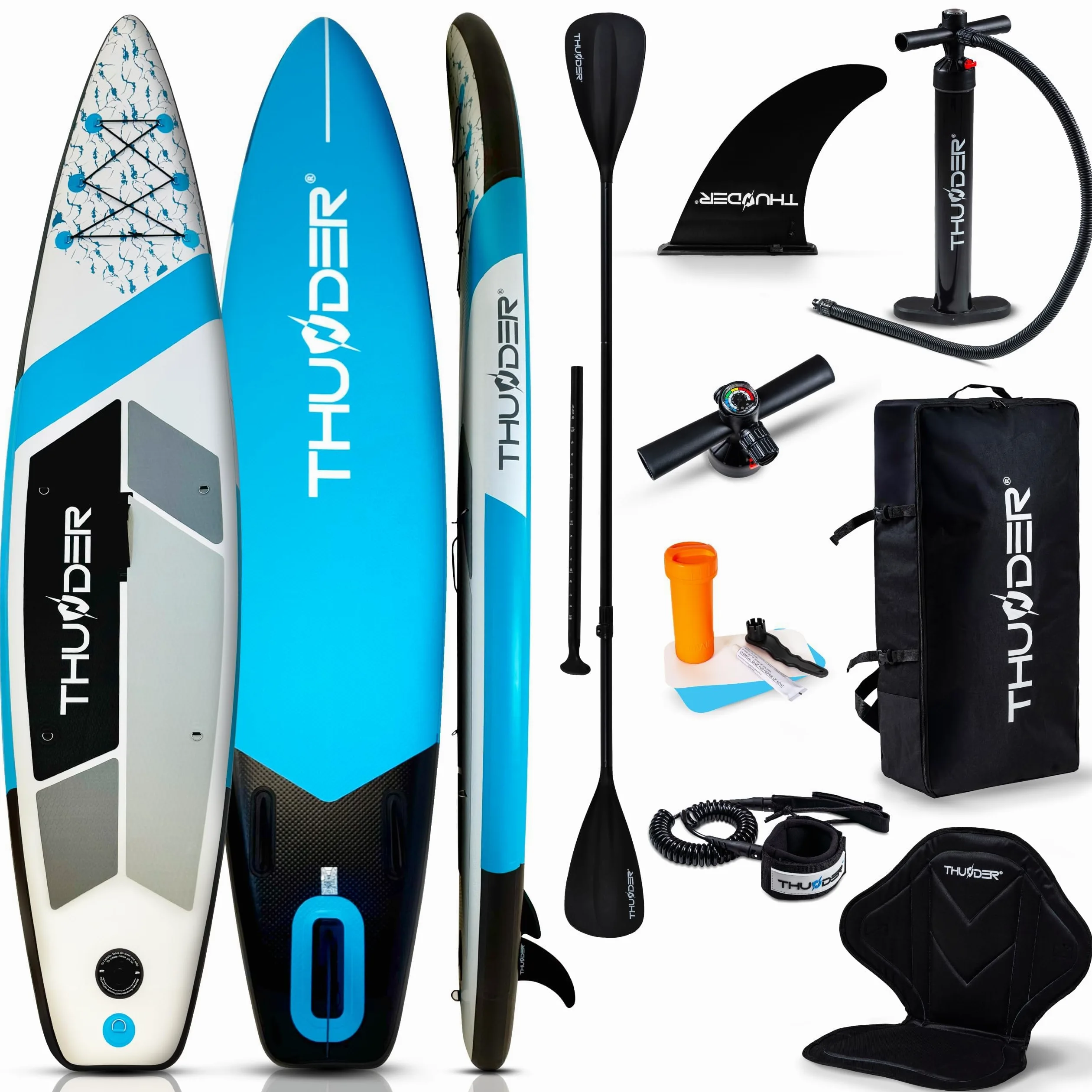 THUNDER Tabla de Sup Inflable 320 cm con Asiento de Kayak – Set con Remo, Bomba y Mochila – Estable y Antideslizante para Adultos