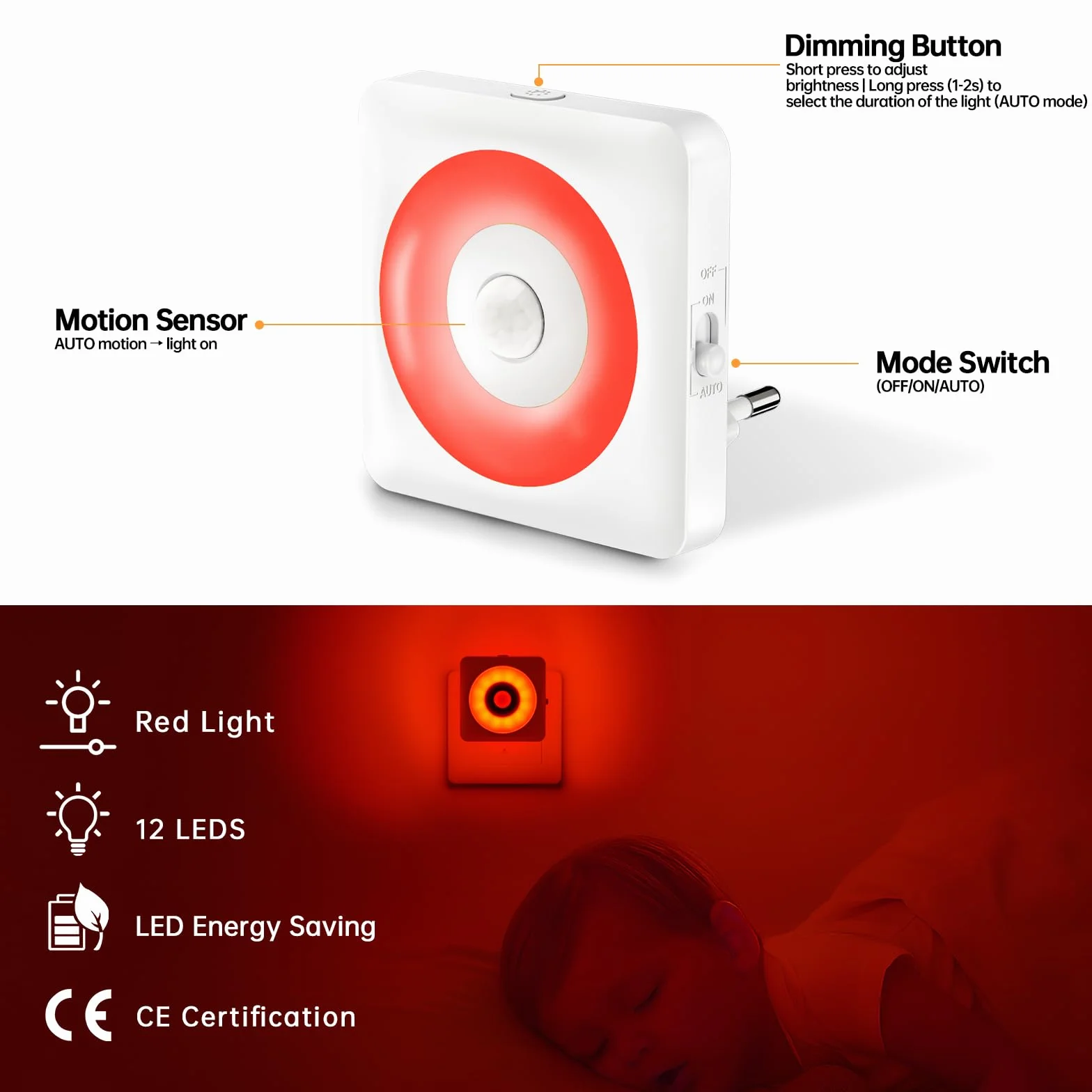 LED Luz con Sensor de Movimiento 2pcs Luce Notturna Bambini da Presa Brillo Regulable CE Rojo