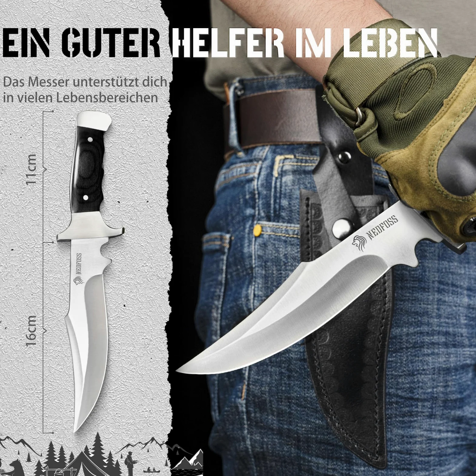 NedFoss TIGER cuchillo supervivencia, cuchillo bushcraft,cuchillo de caza,cuchillo camping,Hoja fija afilada para exteriores, full tang, acampada supervivencia