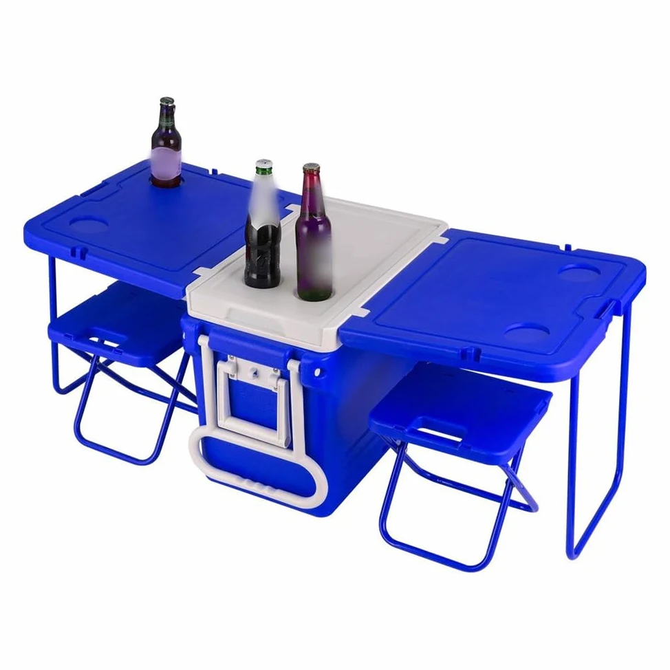 Hielera rodante con mesa y silla, caja portátil de aislamiento térmico para camping, picnic, playa, parque, patio, fiesta, viaje corto