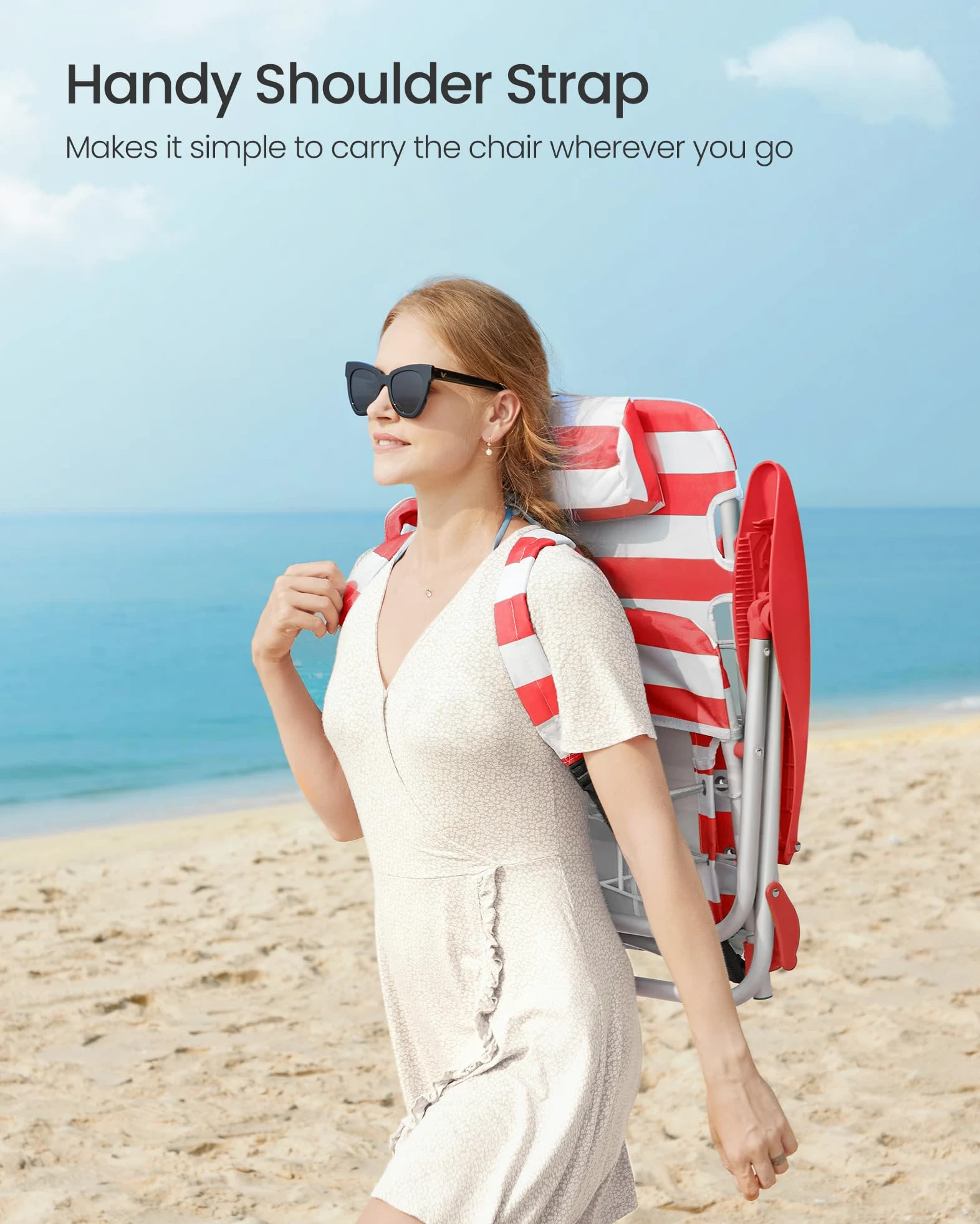 SONGMICS Silla de playa, silla de camping plegable, silla portátil para exteriores, capacidad de 332 libras, llevar como mochila, con respaldo ajustable, reposacabezas, reposabrazos, 2 bolsillos
