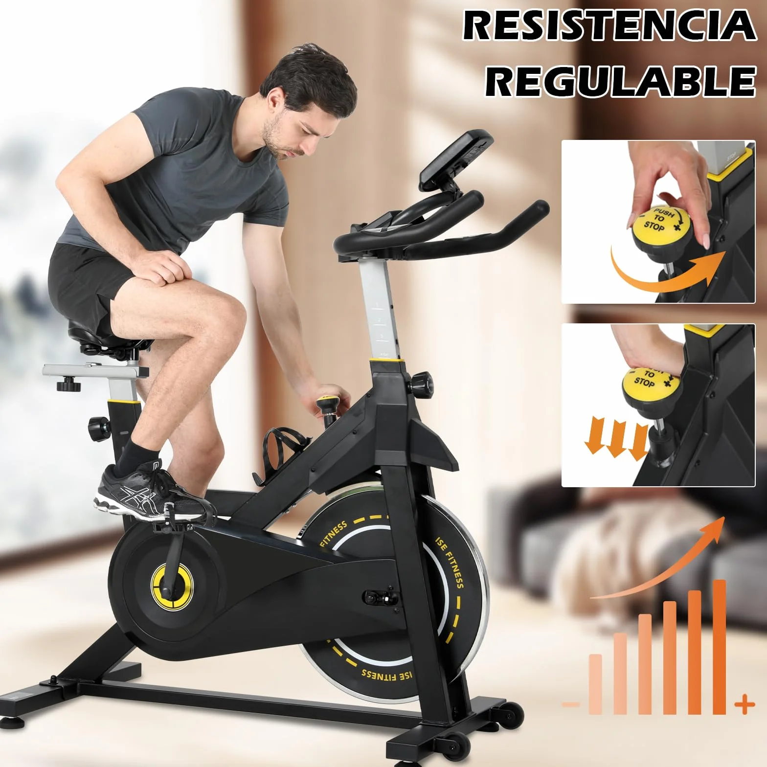 ISE Bicicleta Estática Ajustable Resistencia, Bici Estatica con LCD Pantalla, Soporte para teléfono móvil, Ipad y botella, Bicicleta Profesional, Sillín y Asa Ajustable, Max.120KG