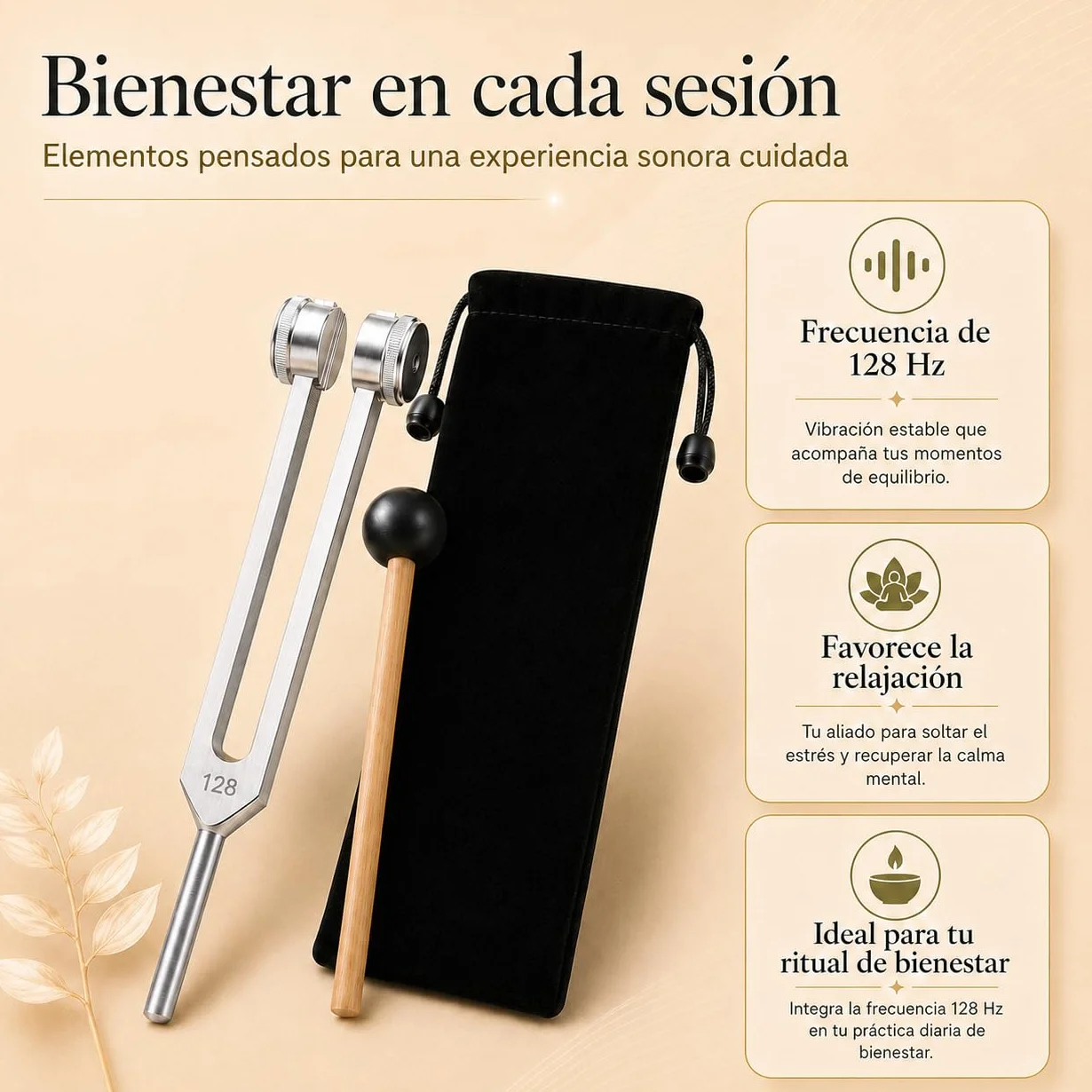 Aureva Lumyra Diapasón Terapéutico 128 Hz con Martillo de Goma, Bolsa y Paño para Meditación y Yoga