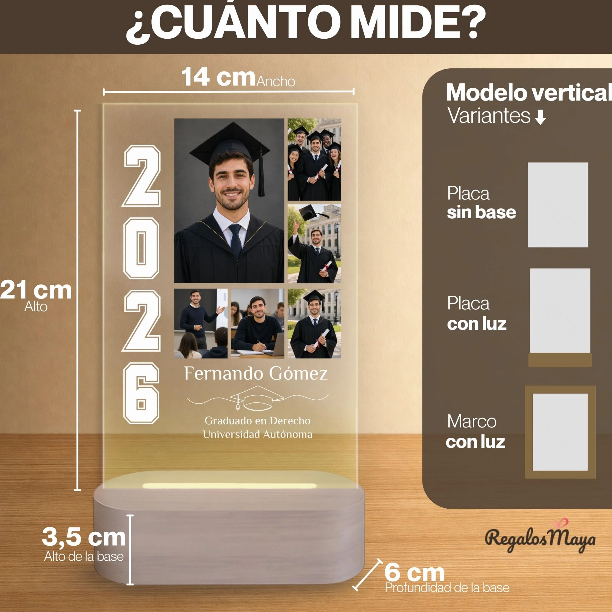 Lámpara personalizada graduación regalo con placa, fotos, nombre y curso 2026