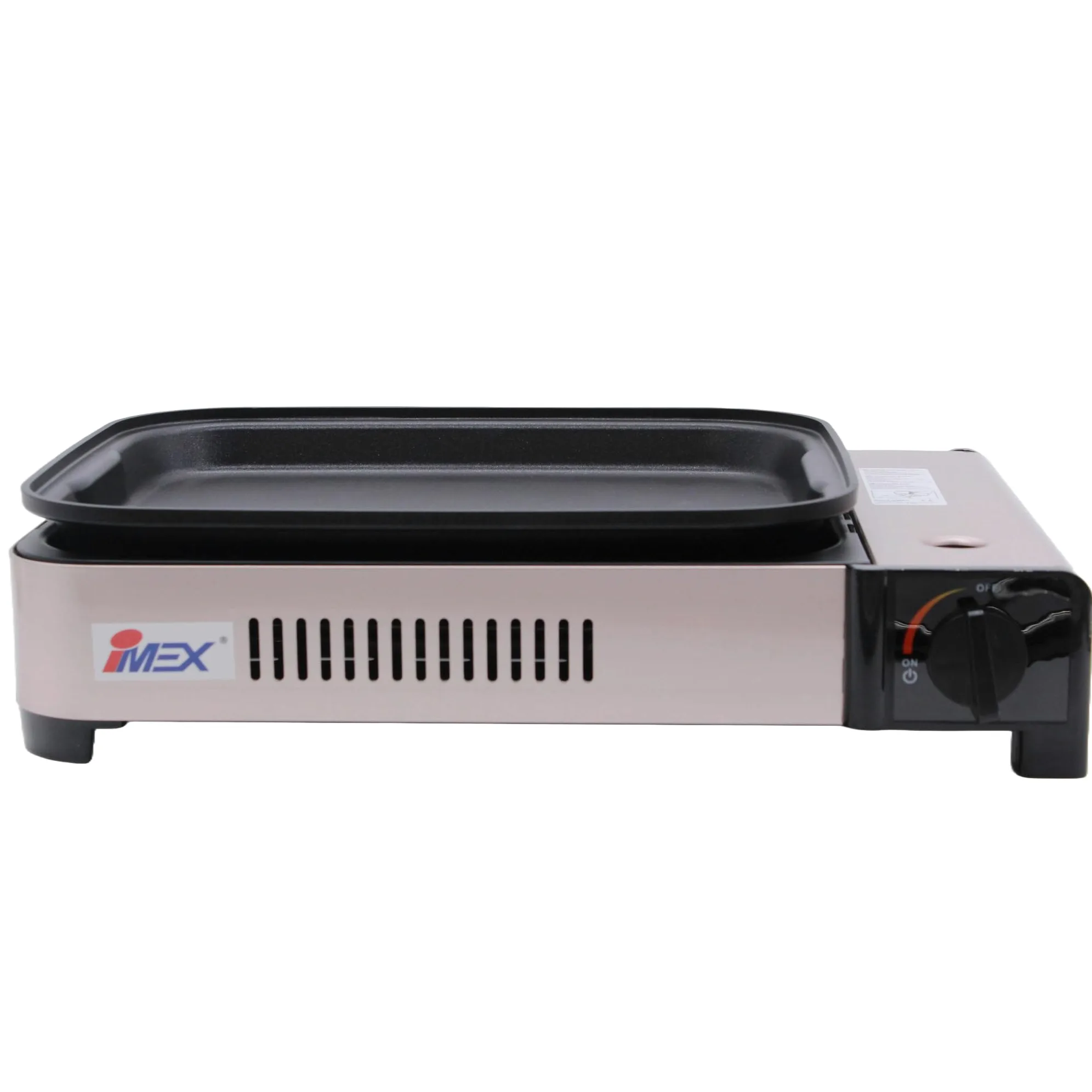 IMEX Hornillo de gas 2 en 1 y parrilla de gas, incluye parrilla, sartén, tapa de cristal y maletín, hornillo de camping para interior y exterior, hornillo de gas de camping múltiple