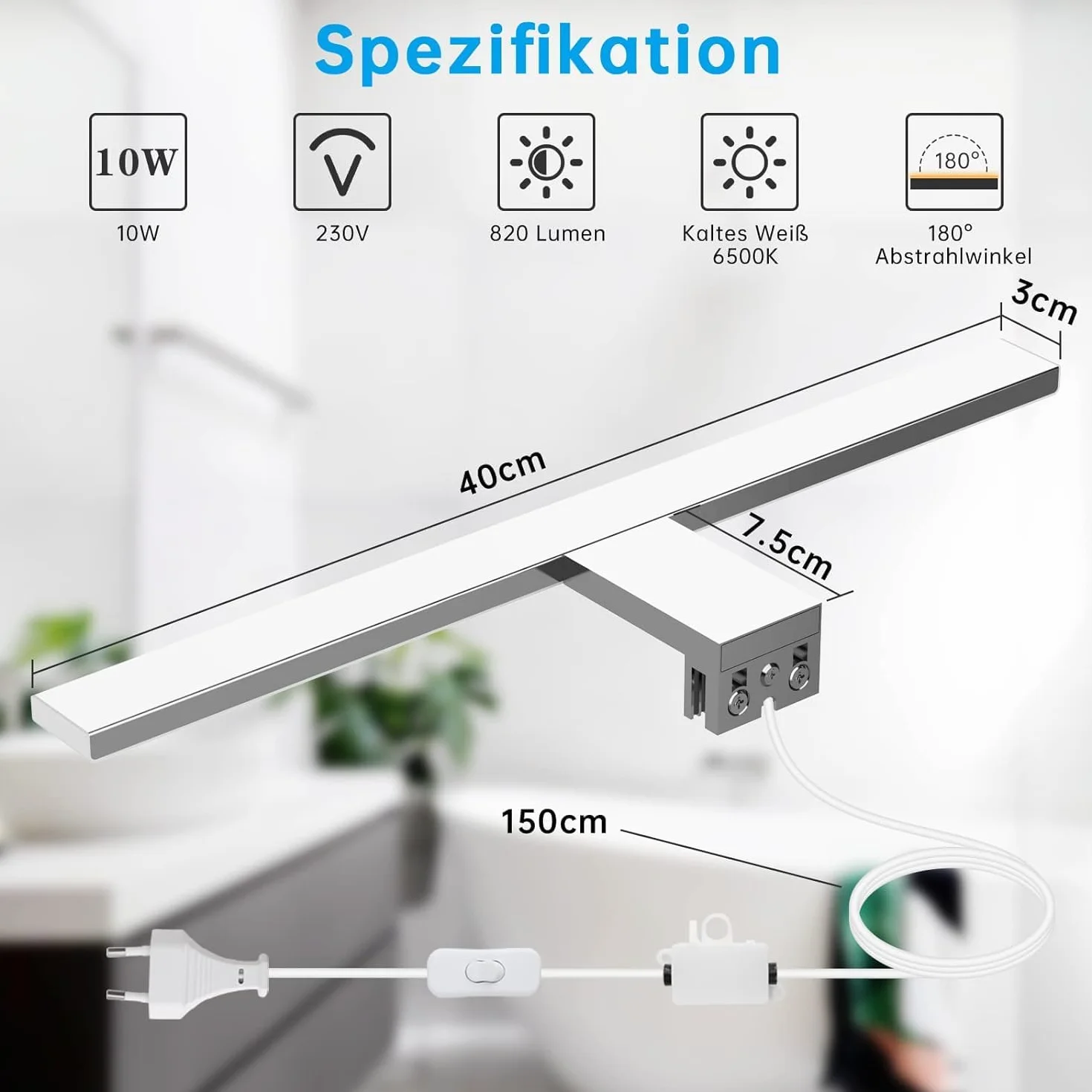 Lámpara de Espejo Baño 40CM con Interruptor 10W 6500K 820LM Blanco Frío a Prueba de Agua 230V Clase II