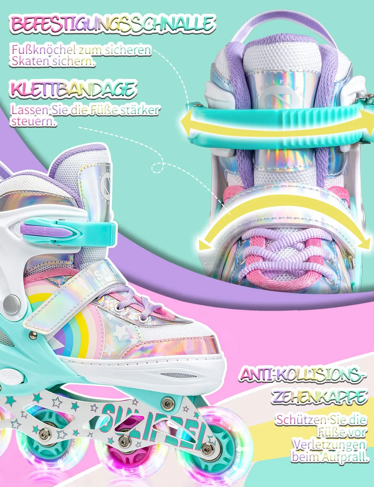 SULIFEEL Rainbow Unicorn Patines en línea para niñas Niños Tamaño Ajustable Ruedas iluminadas Principiantes