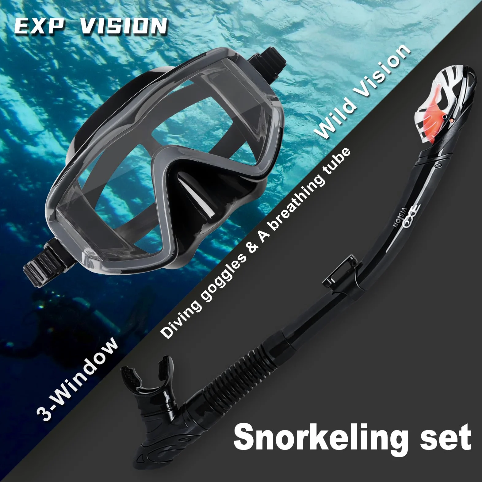 Pano - Juego de esnórquel de 3 ventanas para adultos, gafas de esnórquel profesionales, máscara de buceo antivaho, gafas de natación antifugas y esnórquel de parte superior seca para buceo, esnórquel