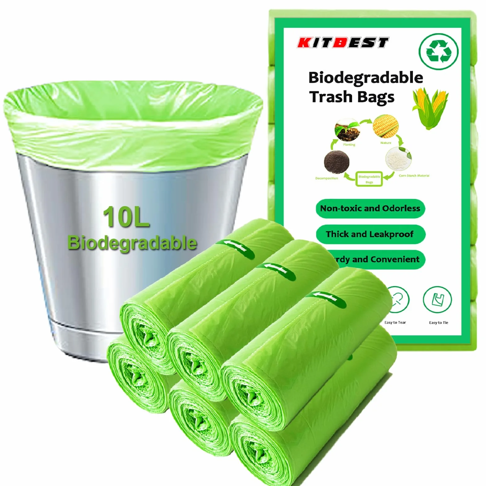 KITBEST Bolsas de Basura Biodegradable 10L 120 Unidades Compostables 45x50 cm Verde