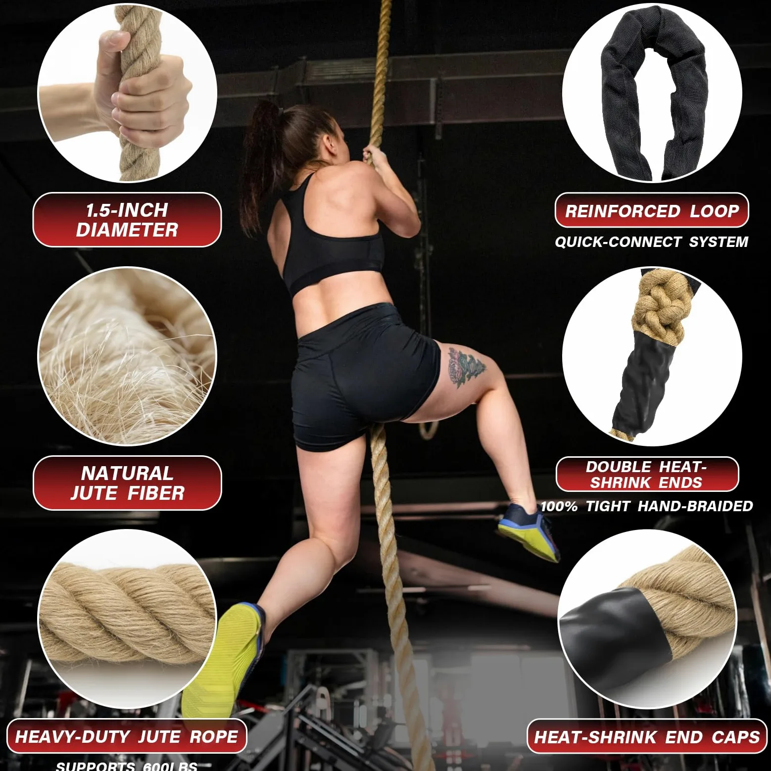 Cuerda de escalada para gimnasio, cuerda gruesa de yute resistente de 35 pies para adultos, entrenamiento de fuerza, columpio de árbol al aire libre, ejercicio de fitness en casa, 1.5 pulgadas