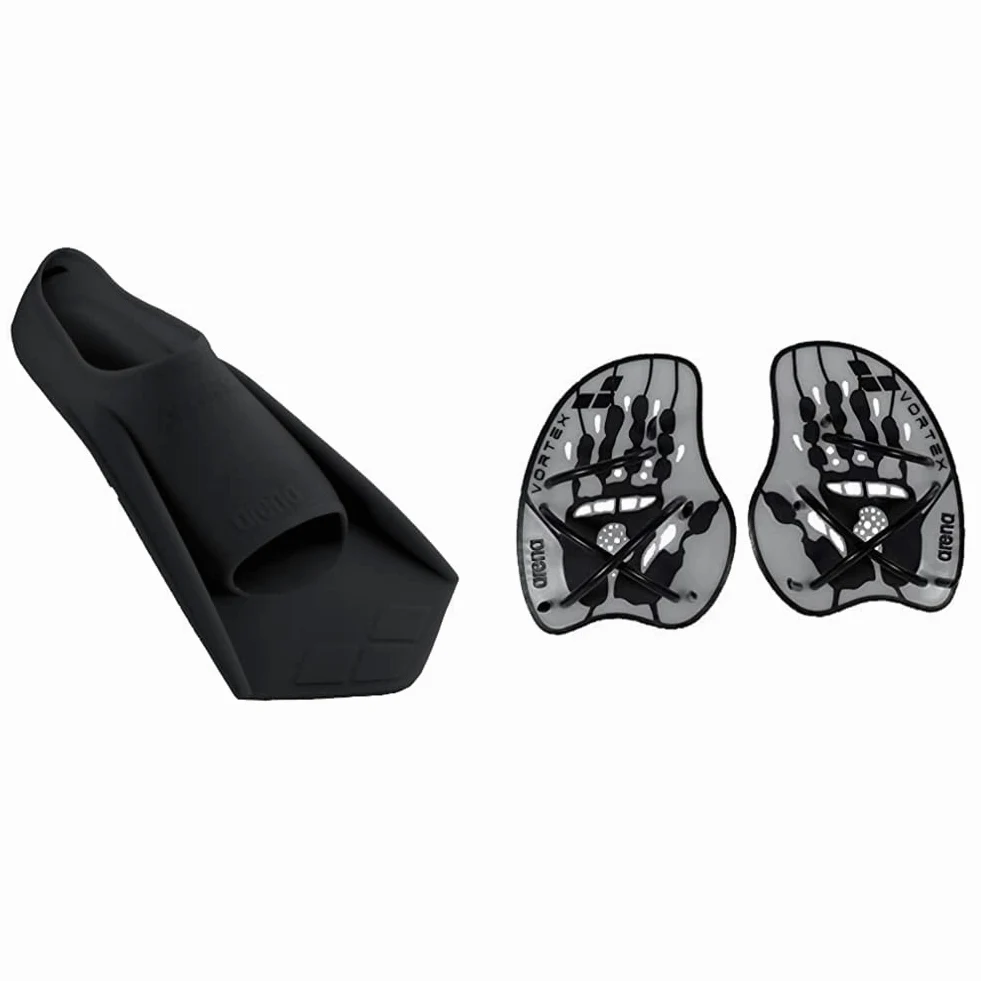 Arena Powerfin - Aletas de Buceo, Negro/Plateado, 41-42 & Vortex Evolution Palas de Mano para Natación, Unisex, Plata (Silver/Black), M