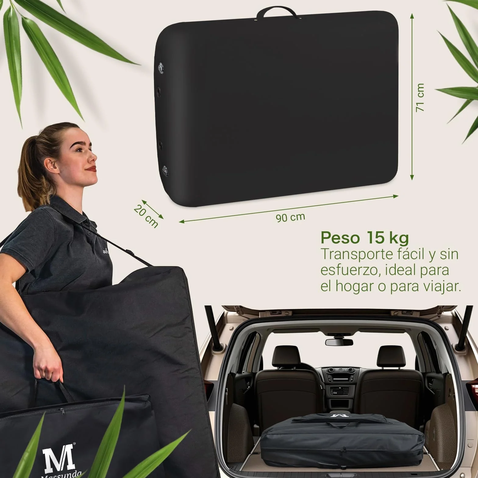 MASSUNDA Camilla Masaje Móvil Confort Deluxe Regulable en Altura Madera Maciza con Reposacabezas Ergonómico Negro