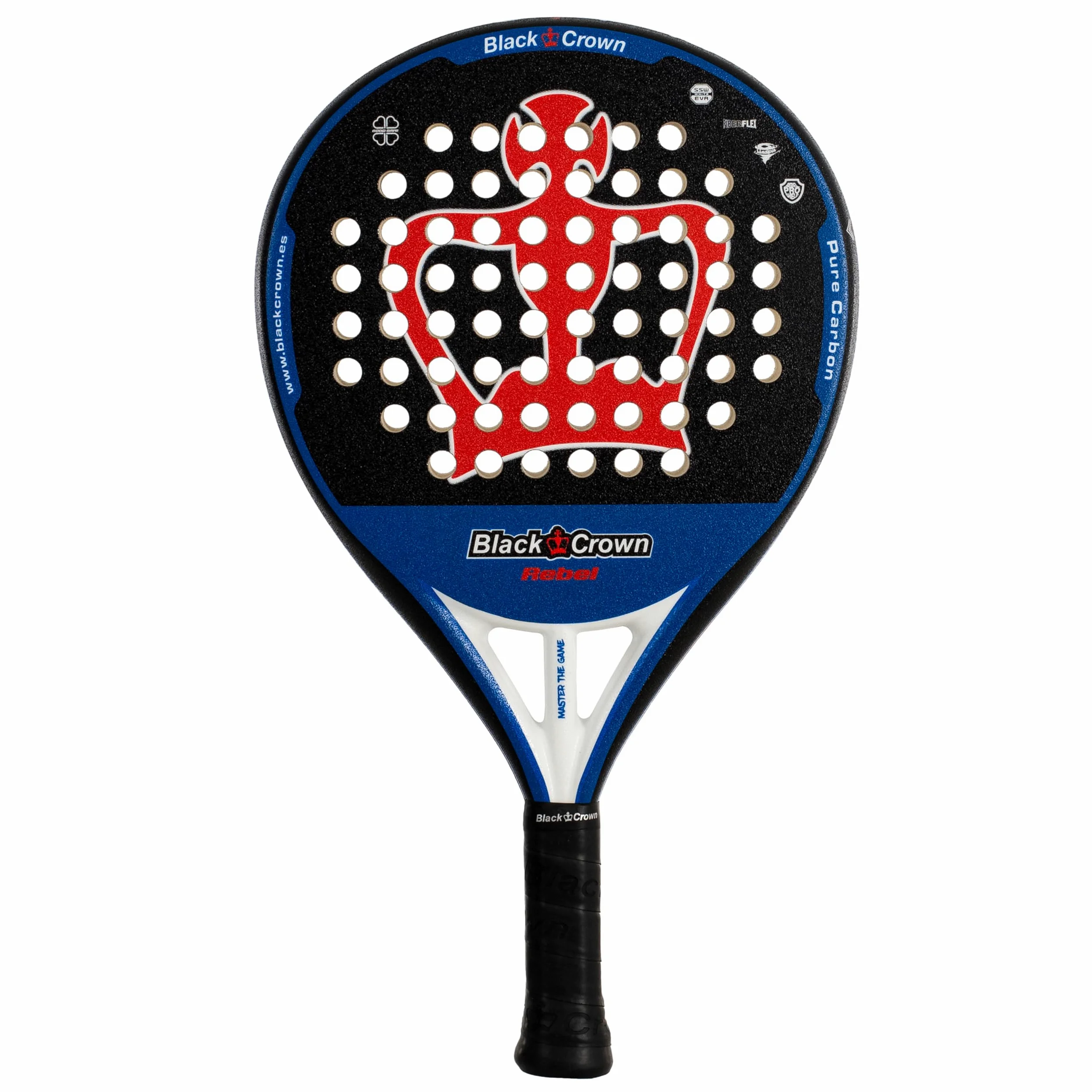 Black Crown - Pala de Pádel Modelo Rebel - Pala Equilibrada - Peso 355-370g - Marco Tubular Carbono 80% 38mm, Forma Redonda - Potencia 50%, Control 50%.
