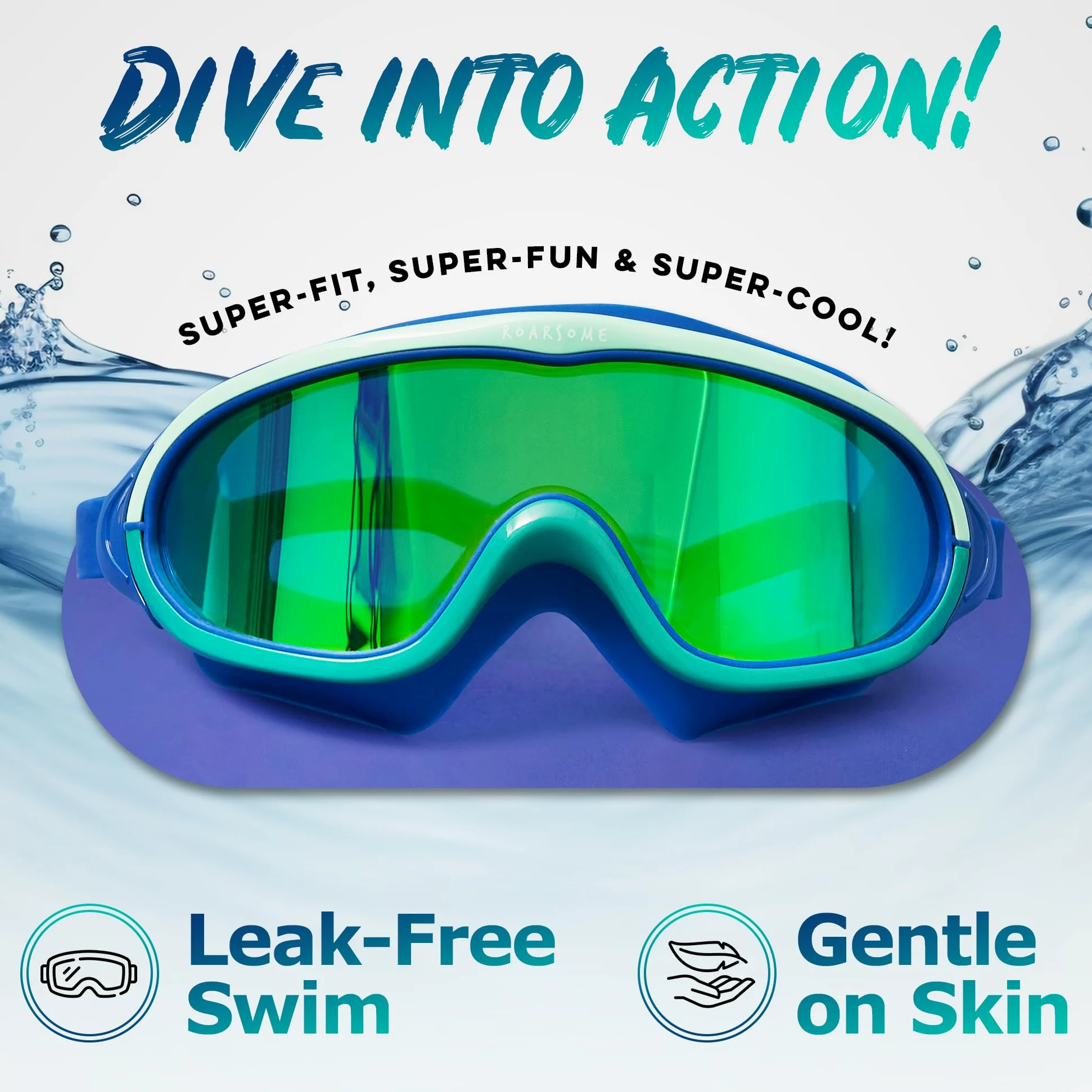 Roarsome Gafas de natación, lente de visión ultra ancha, antivaho y protección UV, ajuste de silicona suave, diseño a prueba de fugas, correa ajustable, unisex, talla única, ideal para piscina, océano