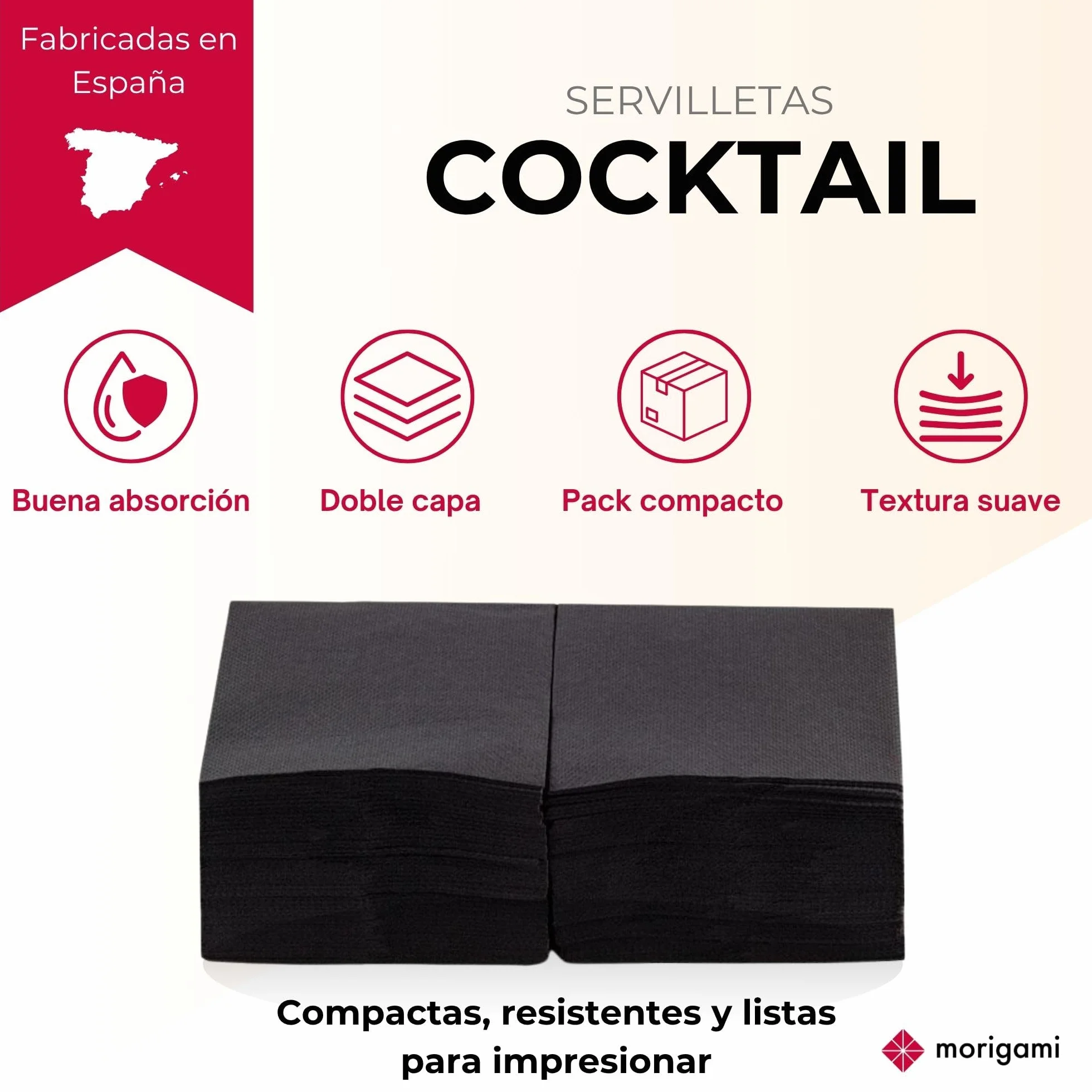 Servilleta de Papel Tamaño Cocktail, Pliegue 1/4, Punta Punta, 150 unidades, Negro