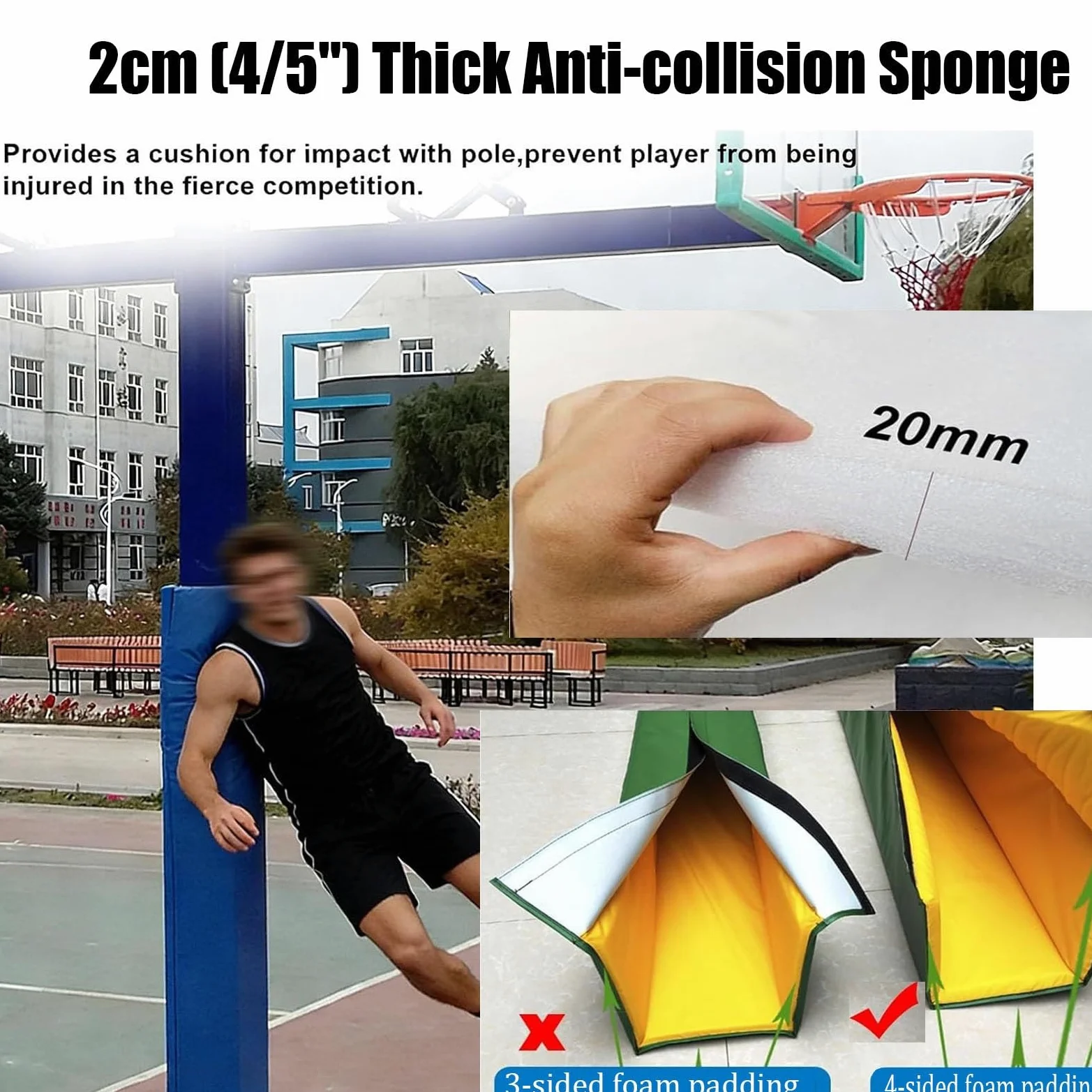 Genérico Acolchado Resistente para Postes de Aros de Baloncesto - Protección para columnas de Garaje, de 1,2 a 2,4 Metros de Altura, Ideal para gimnasios, canchas y Parques, Almohadilla Acolchada par