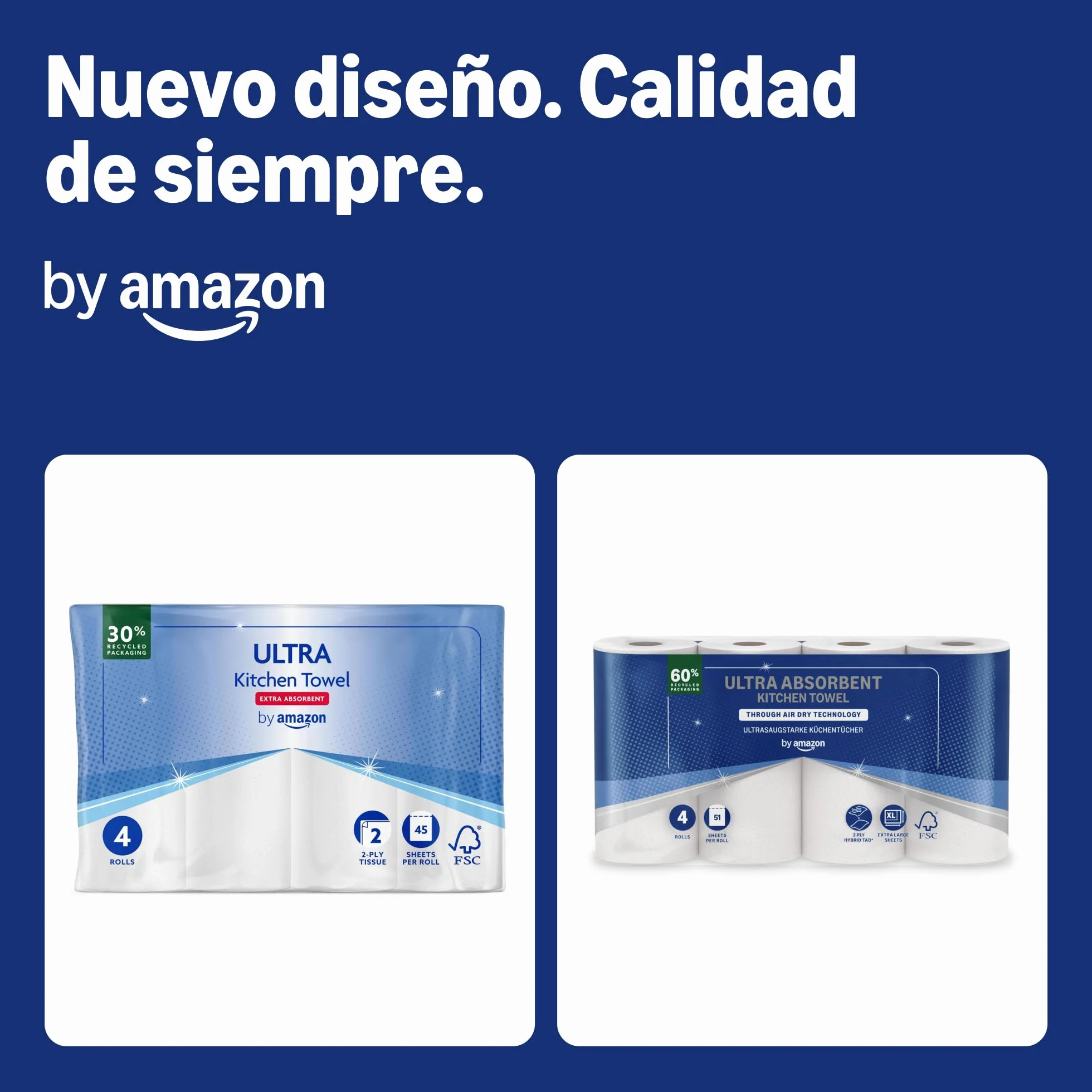 Rollo de Cocina TAD Ultraabsorbente by Amazon, 4 Rollos, 51 Hojas, Certificado FSC