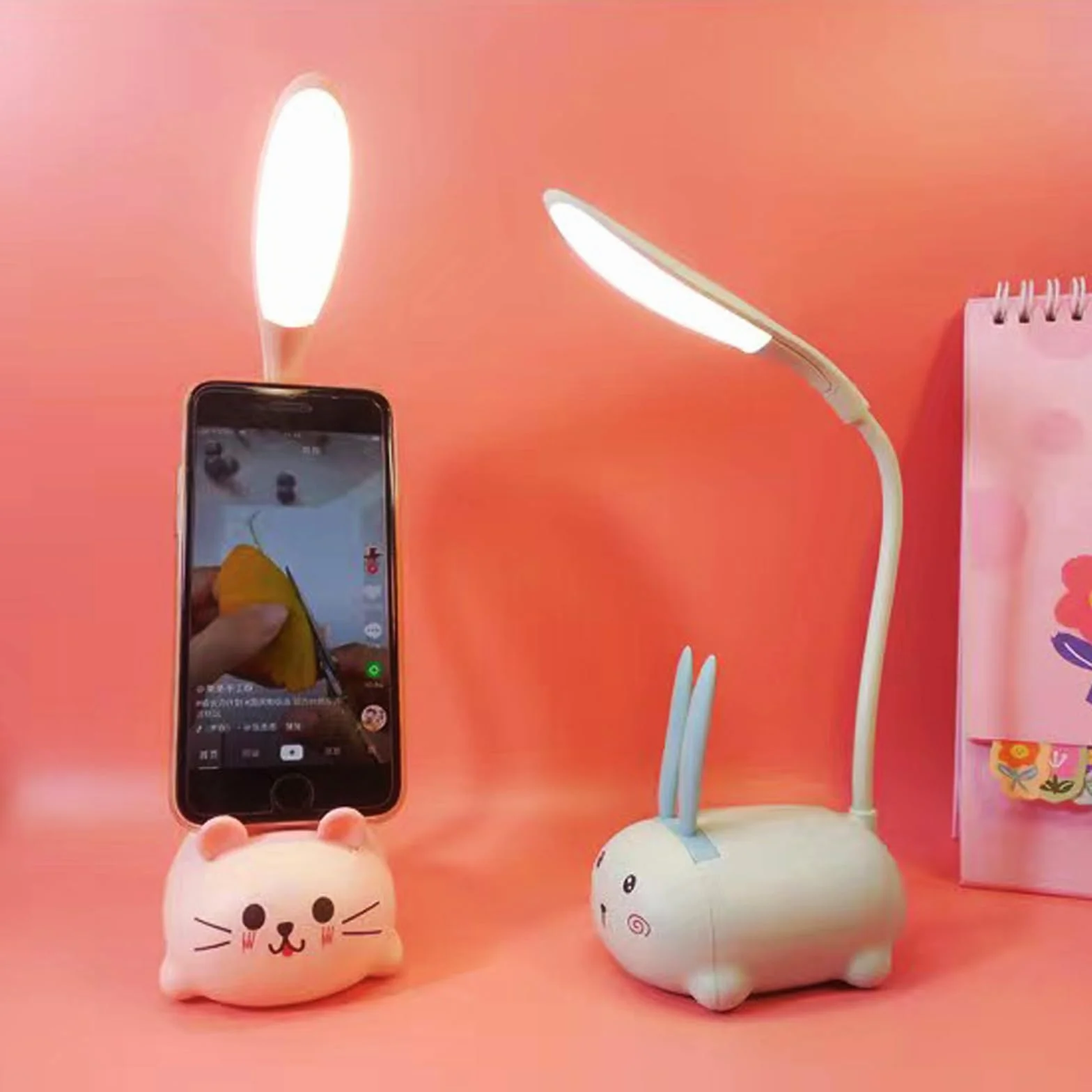 Lámpara LED de escritorio recargable por USB, mini luz nocturna de gato plegable, luz de mesa portátil rosa