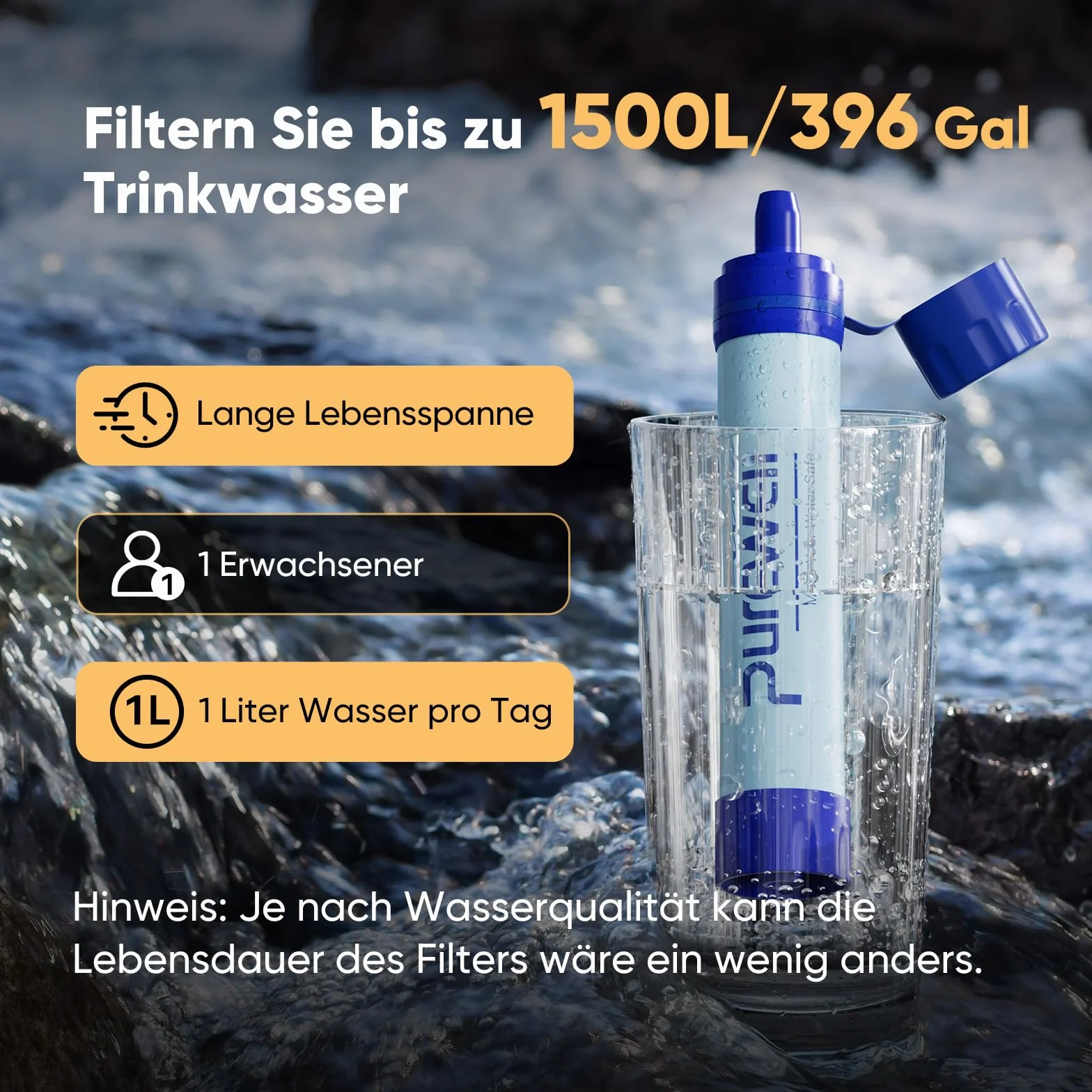 Purewell Filtro de agua personal 1500L Filtro de agua para exteriores Elimina el 99,102% de los contaminantes, trekking, viajes de aventura y preparación para emergencias