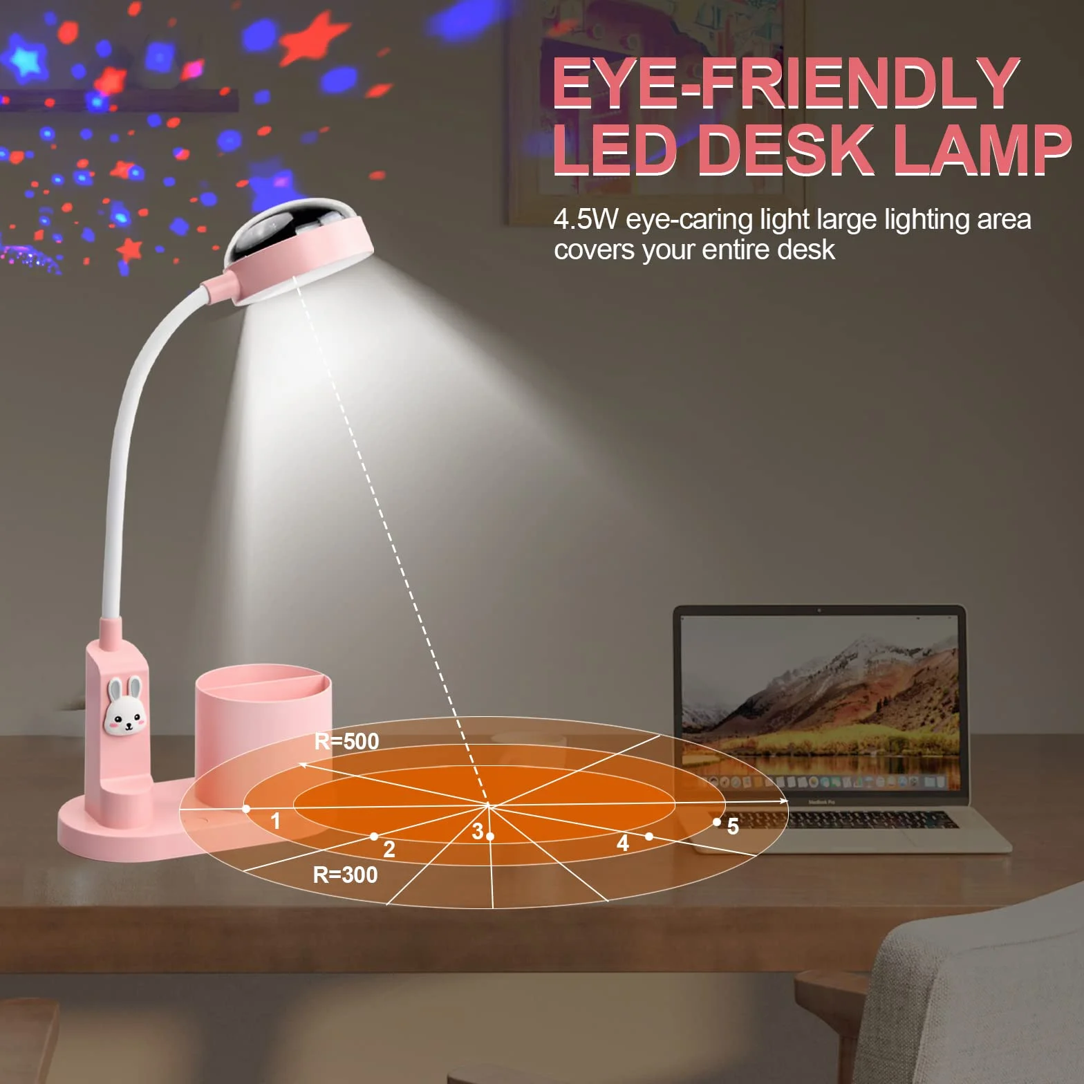 Lámpara de escritorio para niños con proyección de estrella, recargable, cuello de cisne flexible, conejo rosa