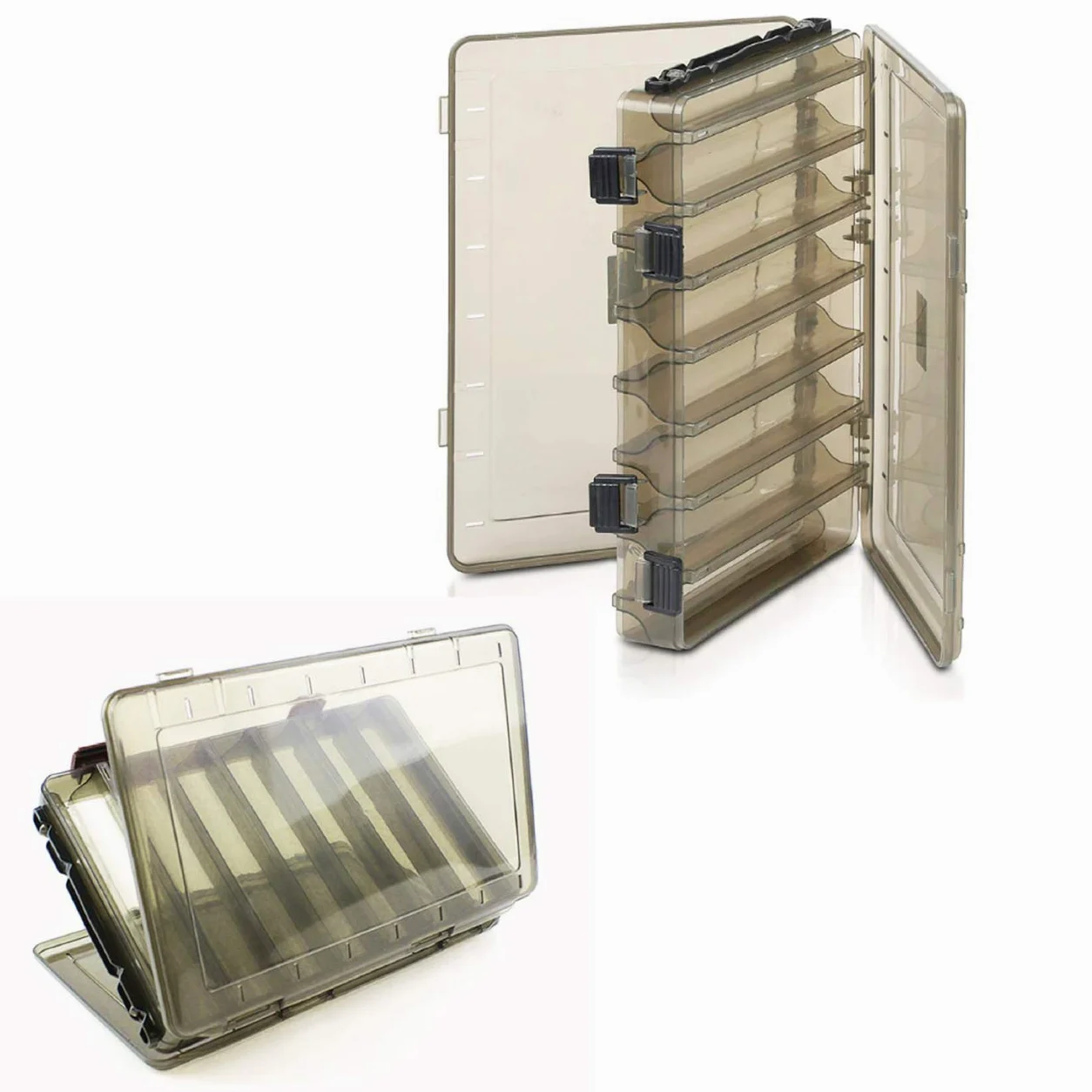 Juego de caja de aparejos de pesca, paquete de 2 organizadores de señuelos reversibles de doble cara (negro, 14 ranuras x 2)