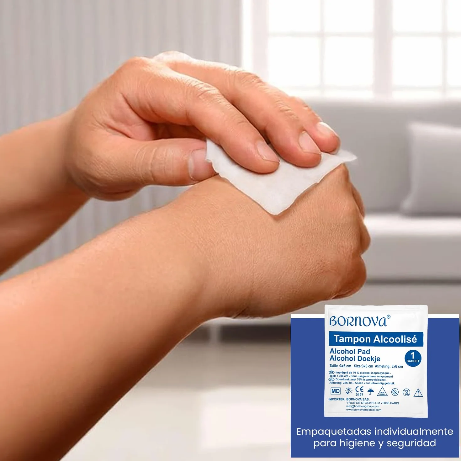 Toallitas impregnadas BORNOVA 3x6 cm limpieza piel objetos uso único