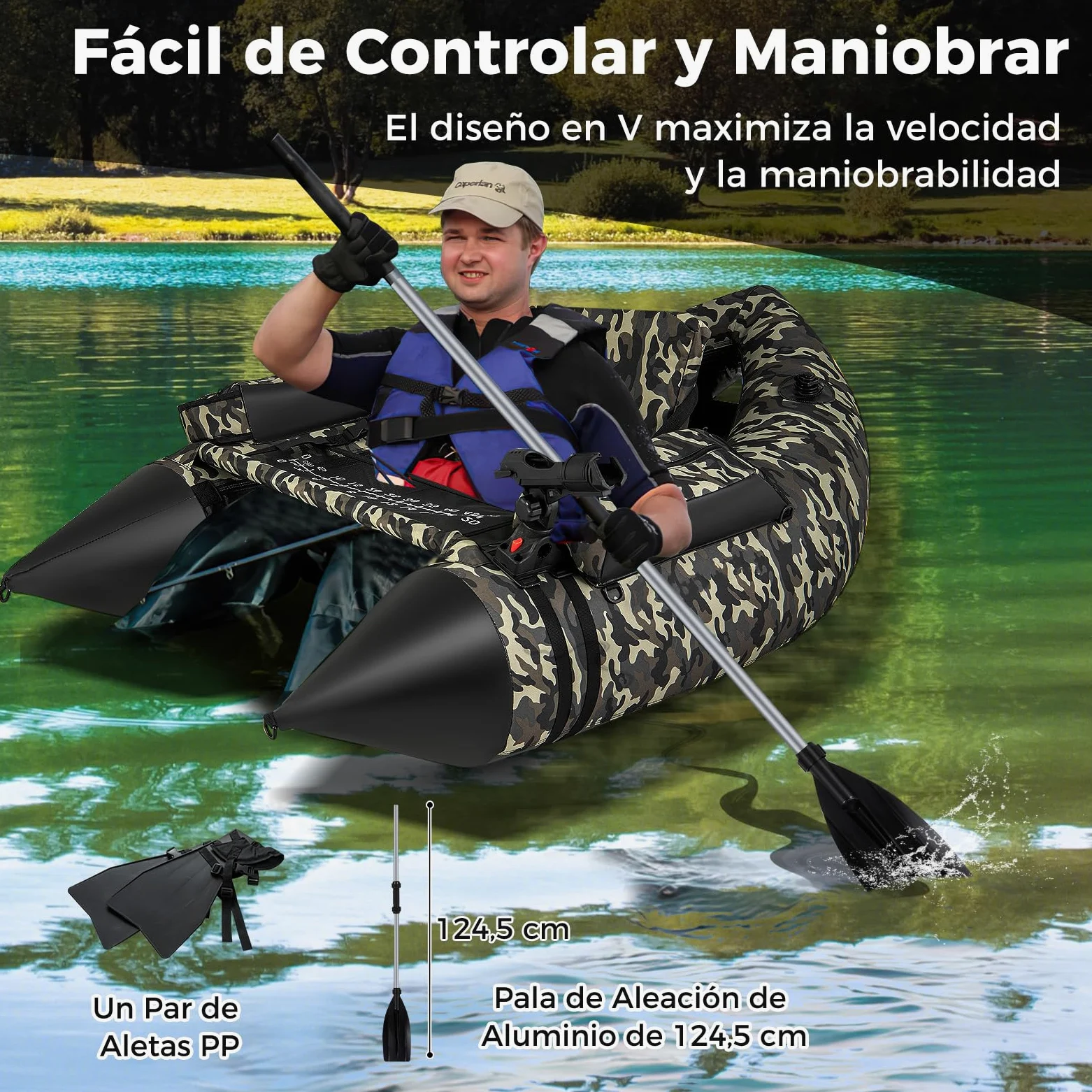 COSTWAY Barco de Pesca Inflable, Kayak Hinchable con 2 Aletas, Bomba Manual, Regla para Peces, Soporte para Caña, Bolsillos, Respaldo Ajustable y Correas, Bote Portátil para Adultos, Camuflaje