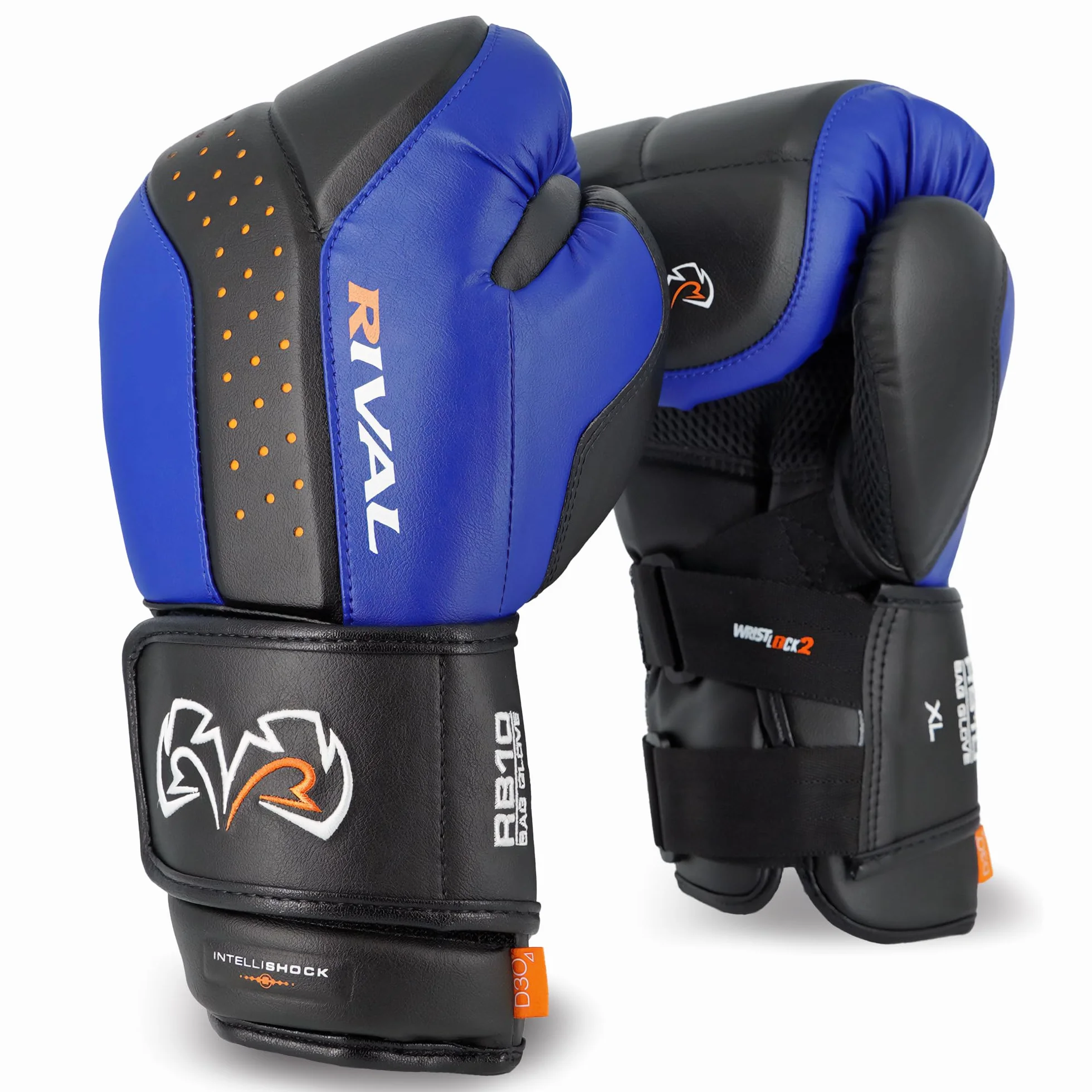 RIVAL Boxing RB10 Intelli-Shock - Guantes para bolsa, cierre de velcro, ajuste ergonómico, 1.25 pulgadas de espuma de celda cerrada para uso intensivo de bolsa, negro/azul, L