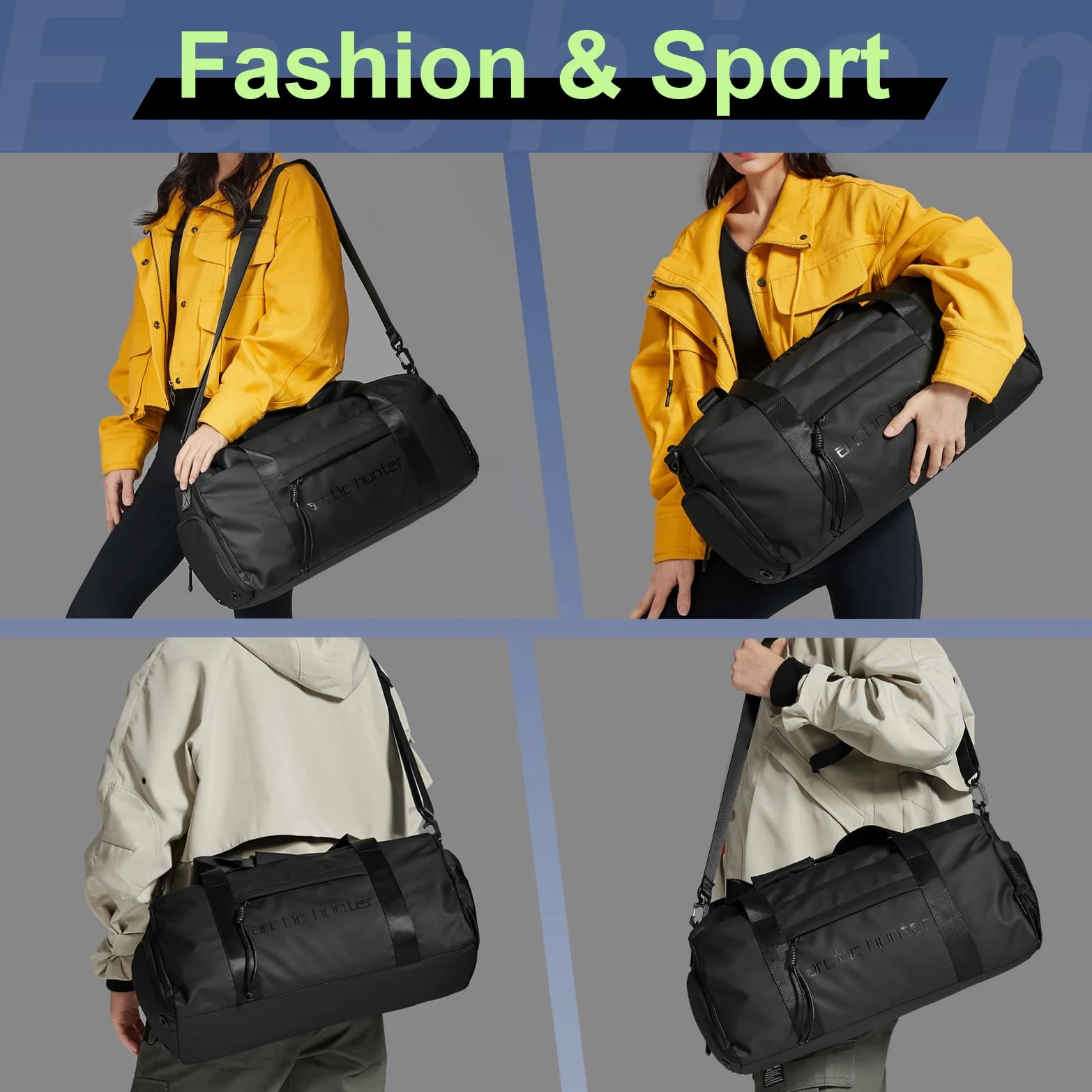 ARCTIC Hunter - Bolsa de deporte pequeña para hombres y mujeres, con compartimento para zapatos, ideal para deportes, viajes y viajes nocturnos, color negro, Negro -, 19.1*6.3*12.6 inch, Deporte