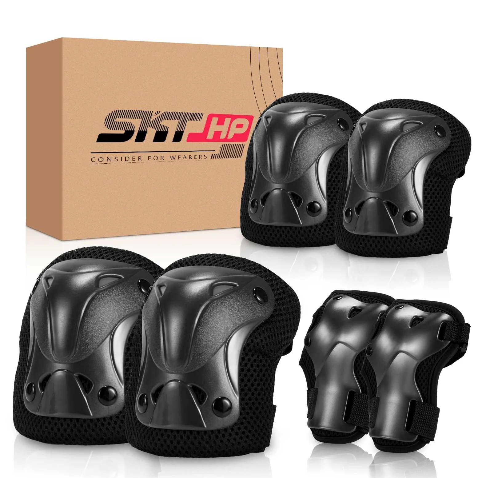 SKT HP Equipo de protección para adultos, rodilleras coderas, protectores de muñeca para patinaje en línea, ciclismo, skateboard, color negro