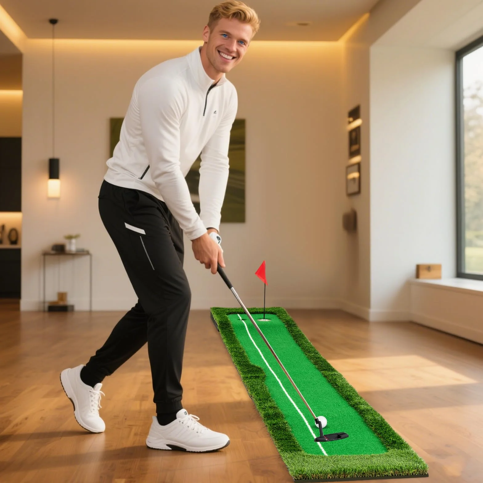 COSTWAY Alfombra de Práctica de Golf 300 CM, Césped Artificial, 3 Pelotas de Golf y 2 Tamaños de Hoyos, Tapete de GOF, Interiores Exteriores Hogar Oficina Jardín y Patio