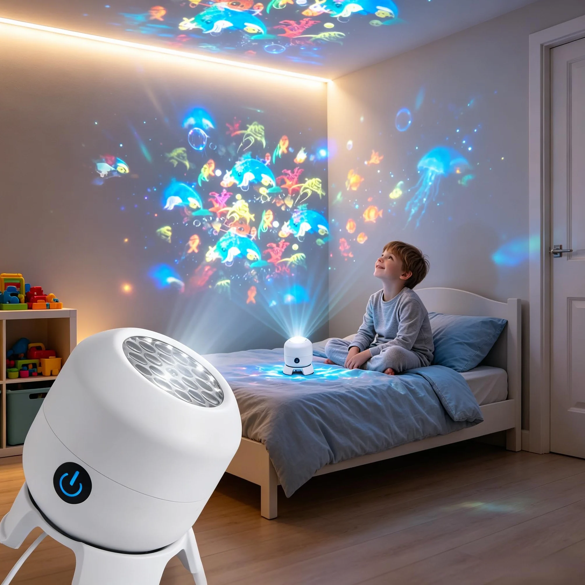 PGonline Proyector LED Giratorio Dinámico con Rotación 360°, Alimentado por USB, Lámpara de Proyección Océano Copo Nieve