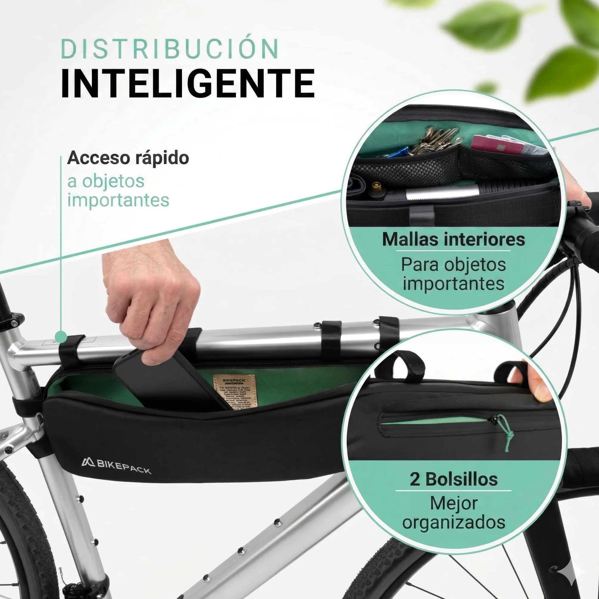 BIKEPACK Bolsa Cuadro Bicicleta 1,5L - Bikepacking Gravel Carretera MTB | Bolsa triangular con salida de cable y bolsillo para móvil, tejido repelente al agua, montaje fácil, accesorio ciclismo