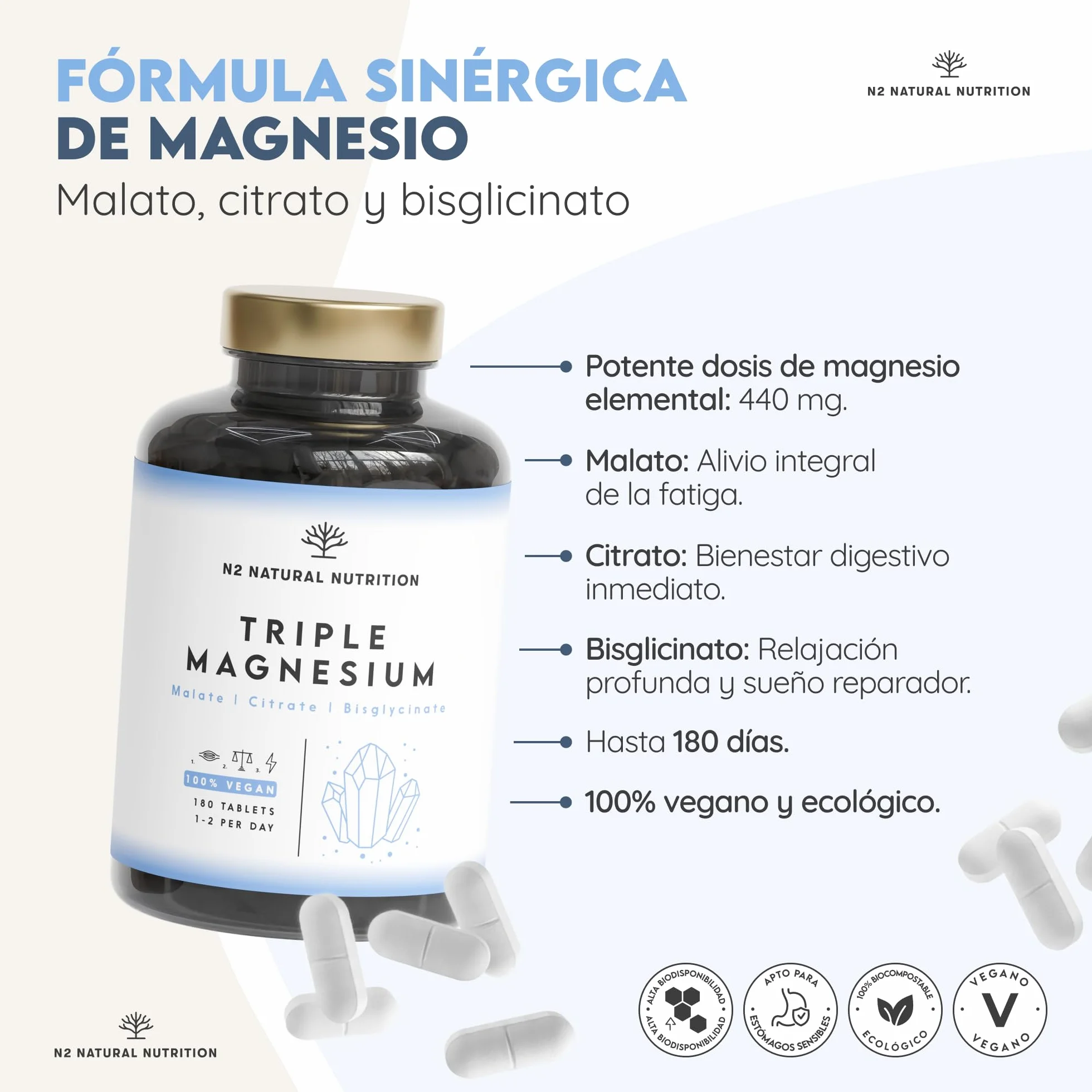 Citrato de Magnesio 1440mg + Magnesio Bisglicinato 600mg + Malato 600mg 440mg Elemental Alta Biodisponibilidad 3 meses