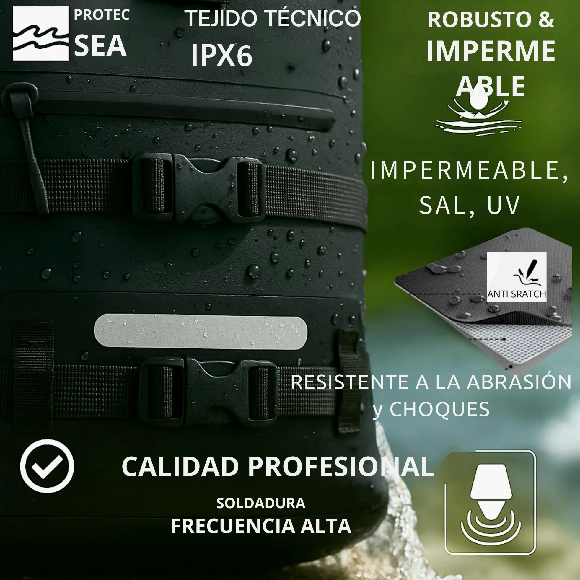 Bolsa de senderismo para mochila y bolsa impermeable | Cremallera de zinc anticorrosión impermeable | Volumen ajustable 20L a 40L | Cómodo transporte | Fijaciones Molle | Bolsillos