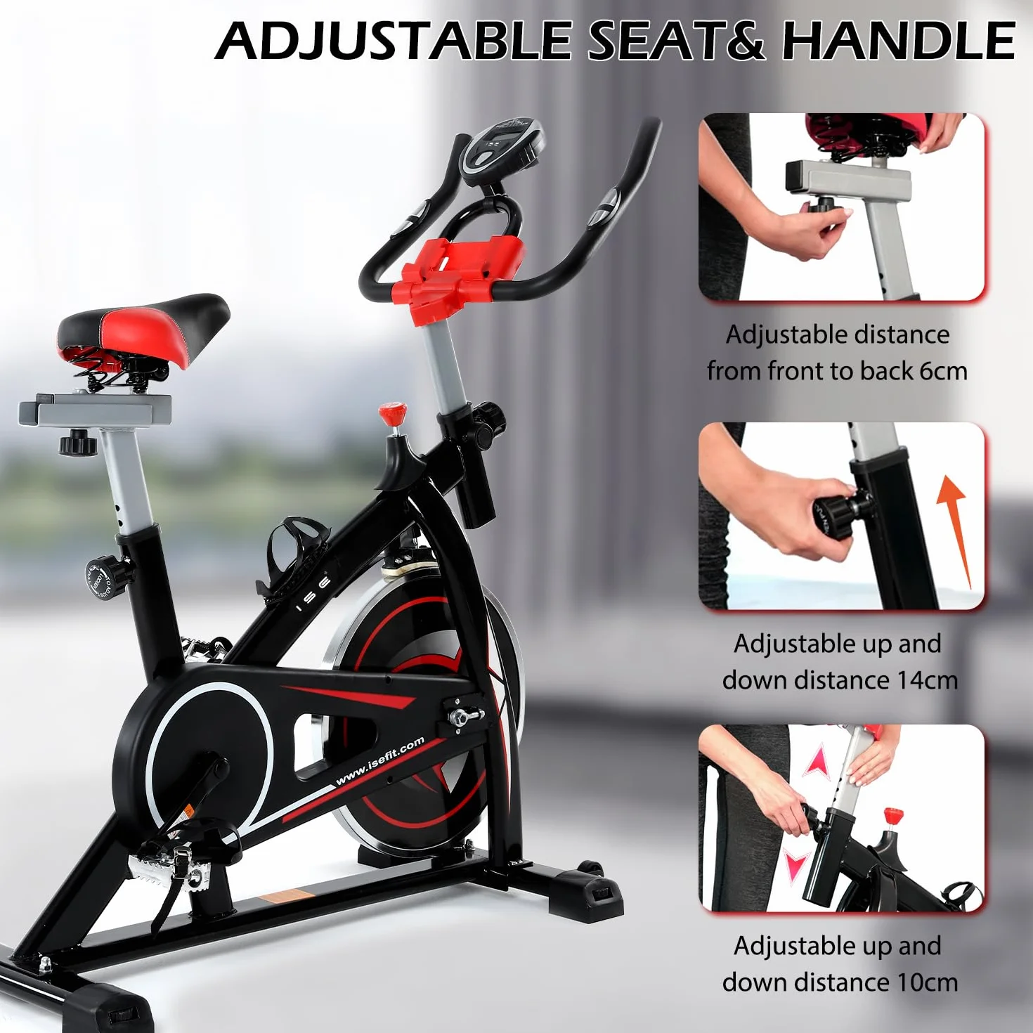 ISE Bicicleta Estática Indoor, Volante de Inercia 9KG, Bici Estatica Ajustable Resistencia, Bicicleta Profesional con Pantalla,Soporte, Sillín y Asa Ajustablesa, Max.120KG