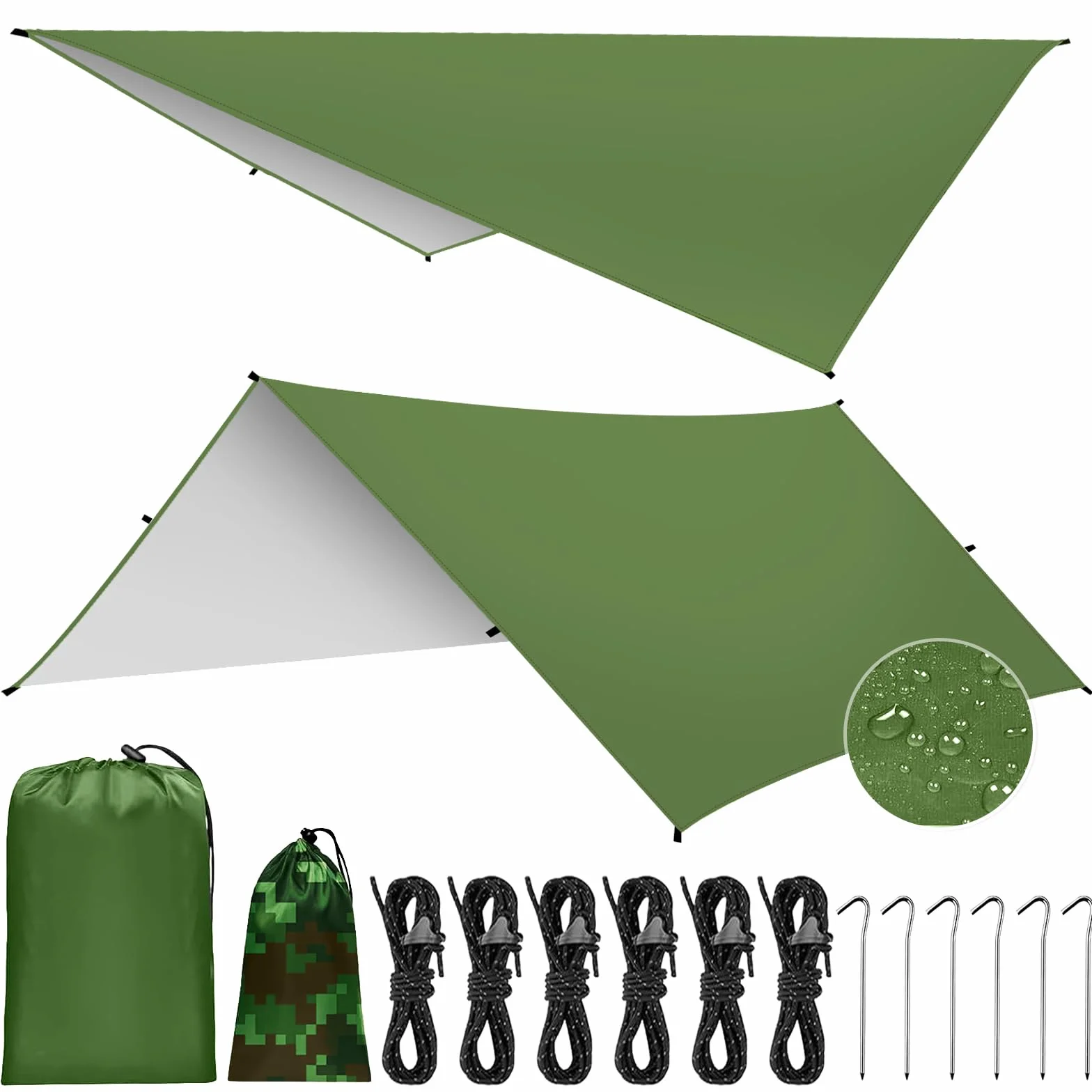 Toldo de Refugio Impermeable 3X3M,Ultraligero y Portátil Toldo Camping, Tienda de Campaña Hamaca Protección UV Anti Desgarro, Ideal para Acampar Senderismo Picnic al Aire Libre, Verde