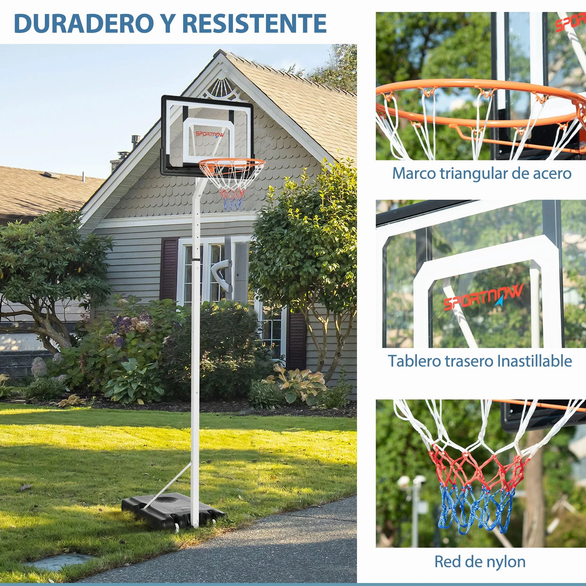 SPORTNOW Canasta de Baloncesto con Ruedas Altura Ajustable 245-305 cm Aro Portátil Tablero PVC Base Rellenable Exteriores 90x83x310-360 cm Blanco