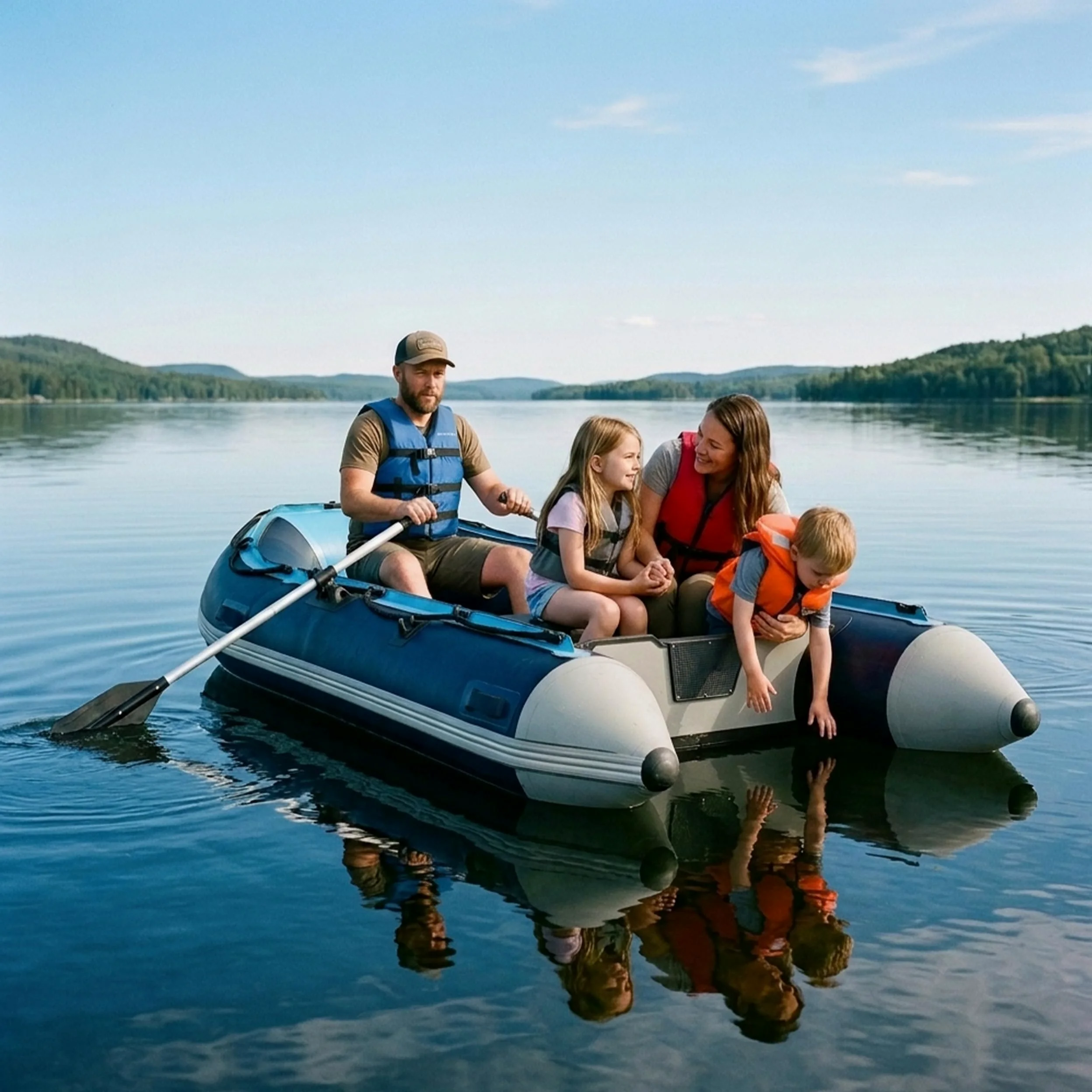 Relaxdays Set Bote Hinchable, 4 Personas, 3,20 m, remos, Bomba & Bolsa, Fondo de Aluminio, para Pesca, Azul y Blanco