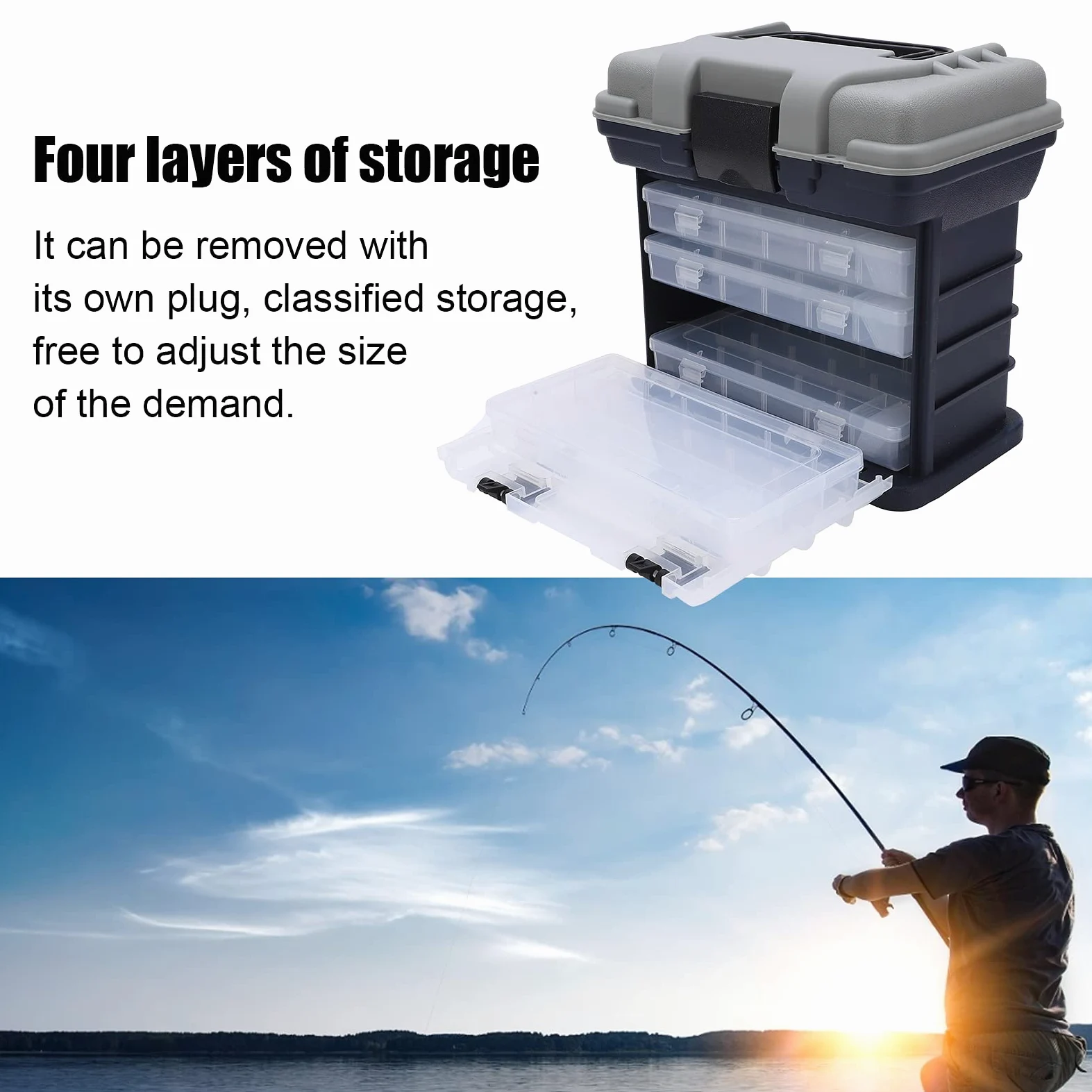 Caja de aparejos de pesca grande de 4 capas, utilidad portátil, mango de plástico, caja de pesca de carpa, herramientas, material PP ABS duradero, gris, 27x17x26cm para pescadores