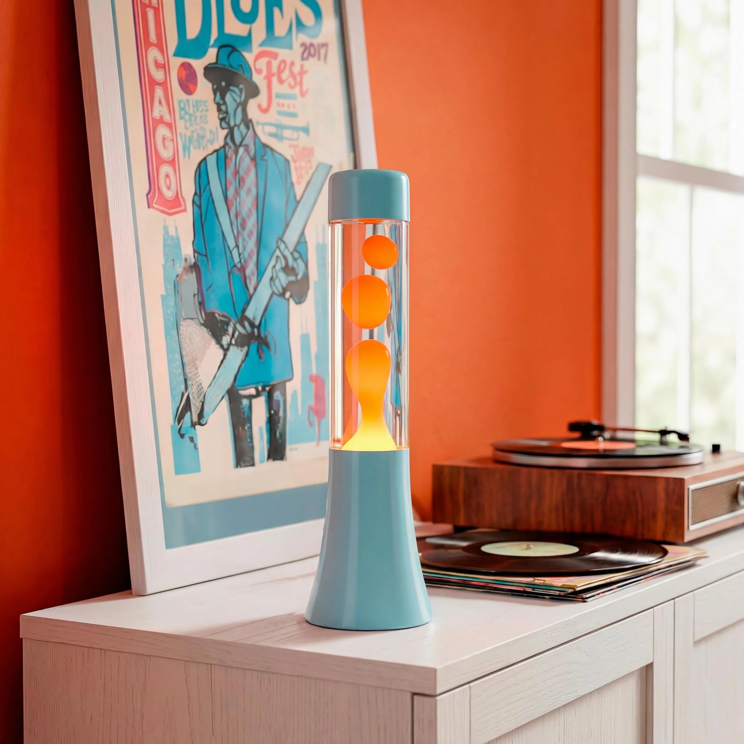 Lámpara de lava azul y naranja 30 cm, decorativa, diseño original retro para hogar