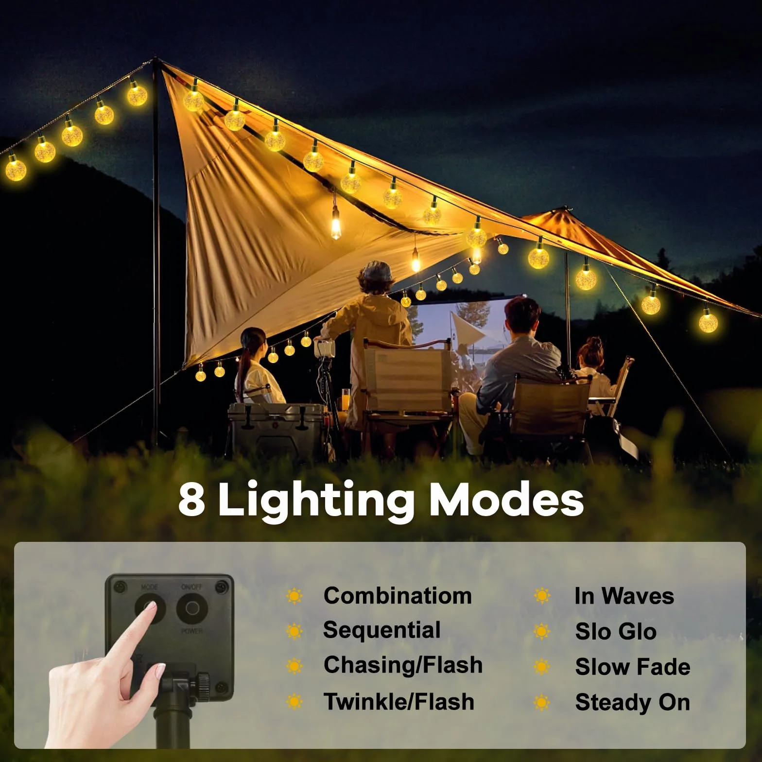 Guirnaldas Luces Exterior Solares 11M 60LED IP65 Impermeable 8 Modos Cadena Solar Blanco Cálido