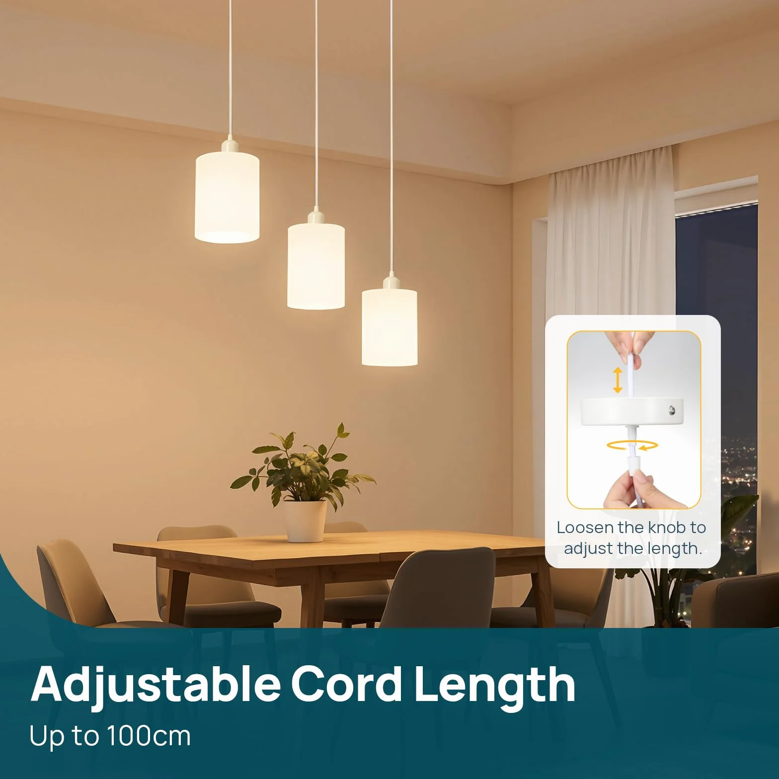 Linkind Portalámpara E27 de Metal Colgante con Cable Ajustable 100 cm Blanco