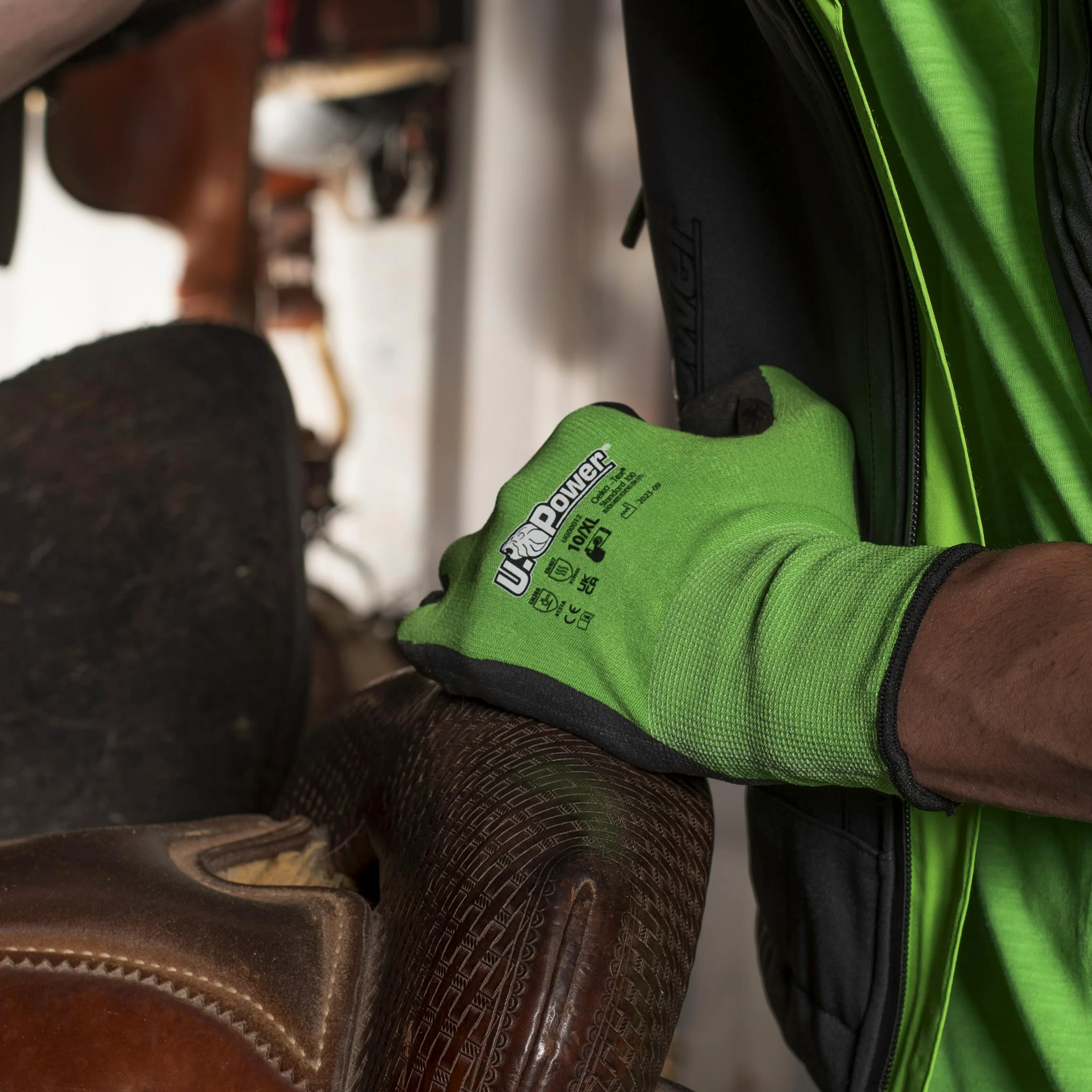 U Power Kalix Guantes de Trabajo de Seguridad Soporte de Poliéster y Spandex Recubrimiento de Nitrilo Reciclado Resistencia a la Abrasión Protección de Riesgos Térmicos Mecánicos Verde 7/S 12 Pcs