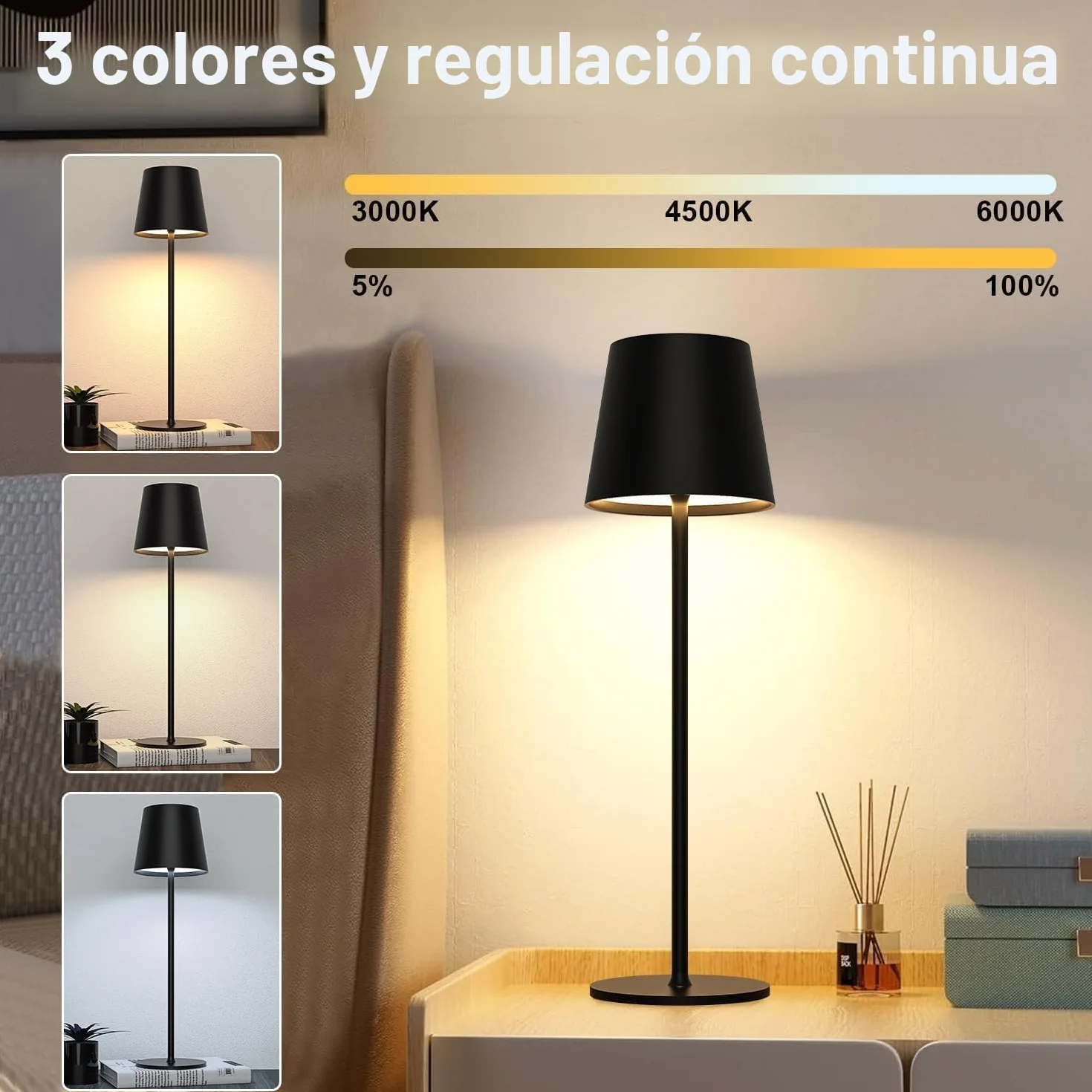 Lámpara de Mesa LED Recargable Inalámbrica con USB-C, IP44, 5600mAh, 5W, Negro