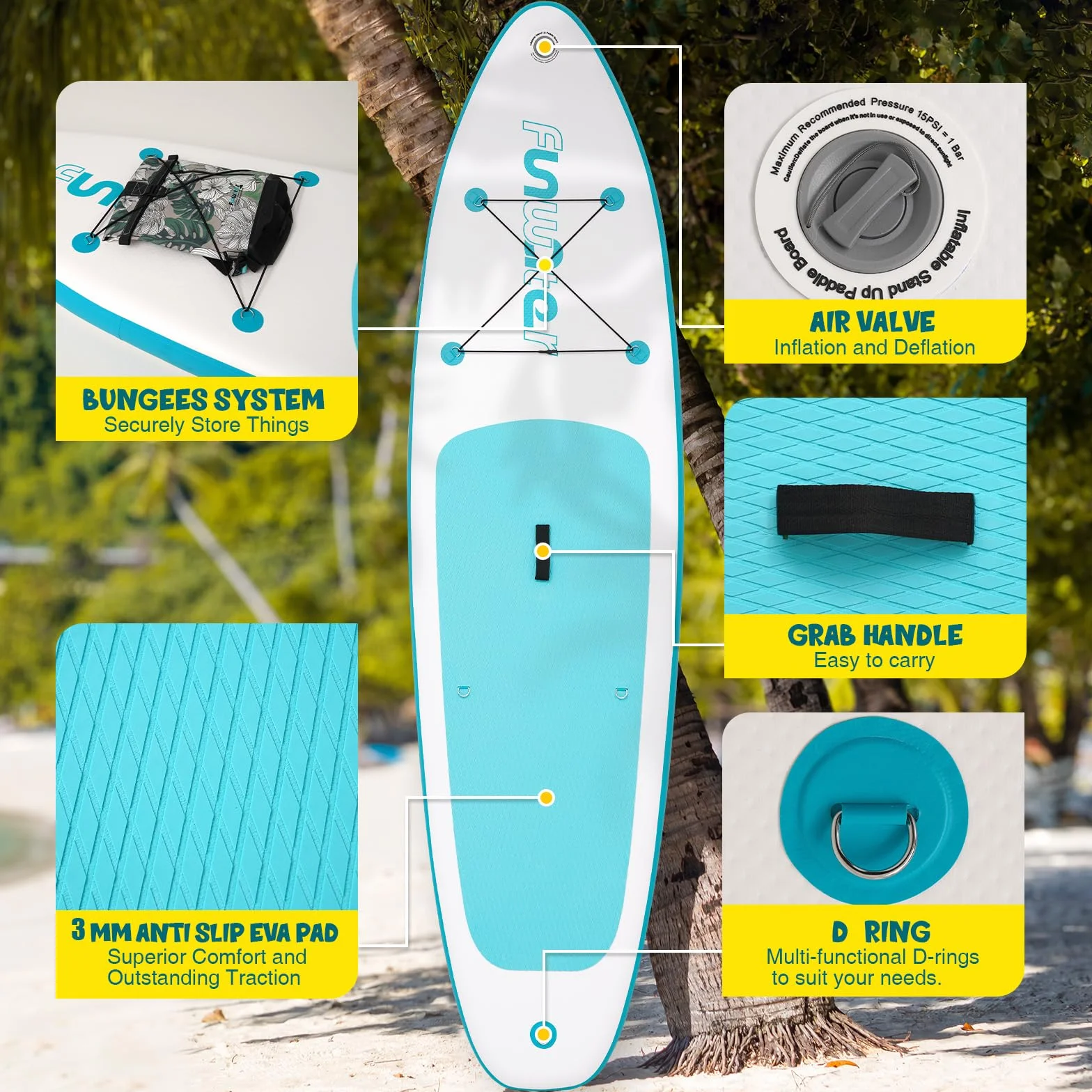 FunWater Tabla de remo inflable para adultos con pala, mochila, 3 aletas, bomba y correa adecuada para principiantes.